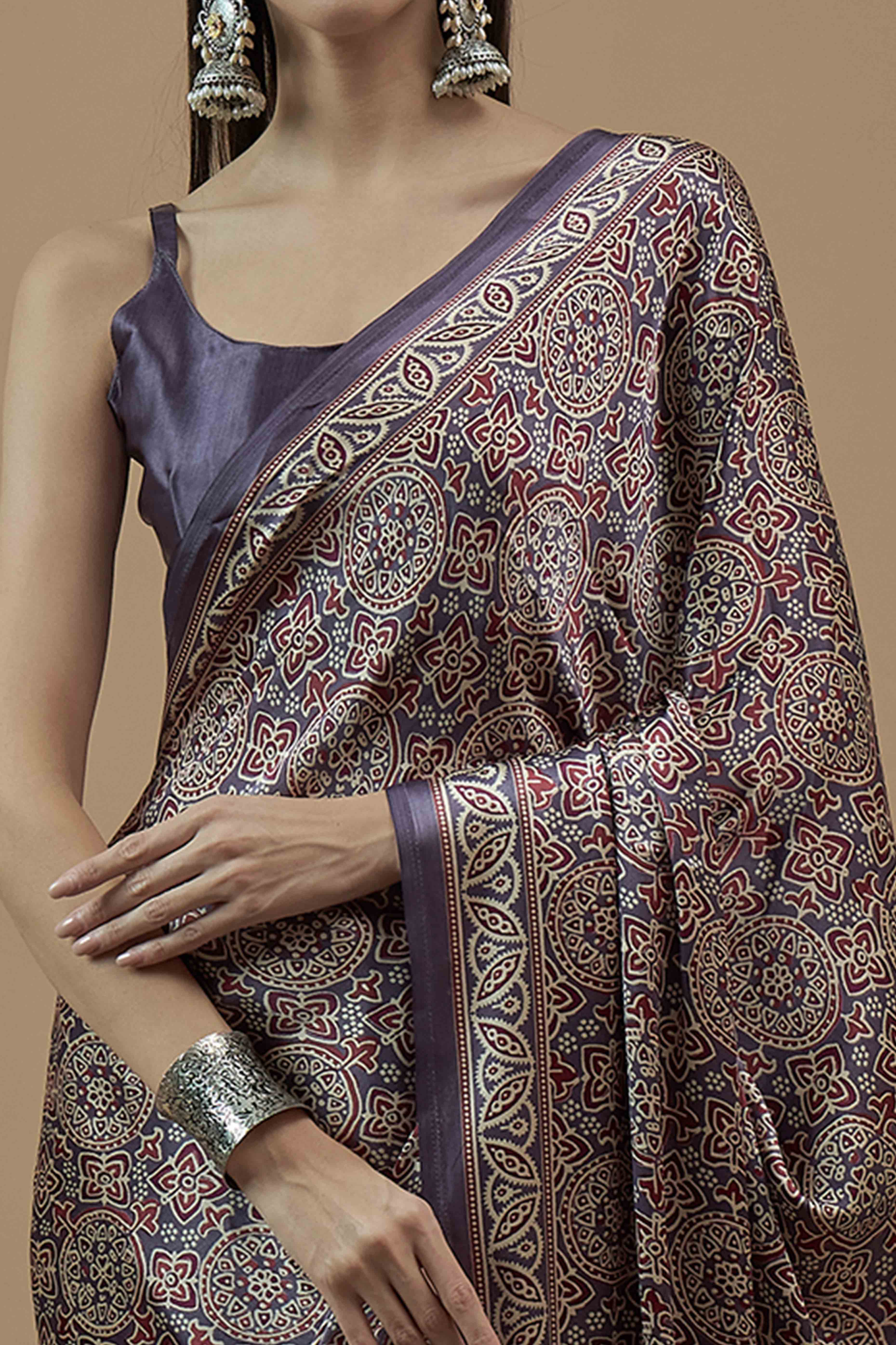Purple Floral Ajrakh Printed Satin Saree With Tassels