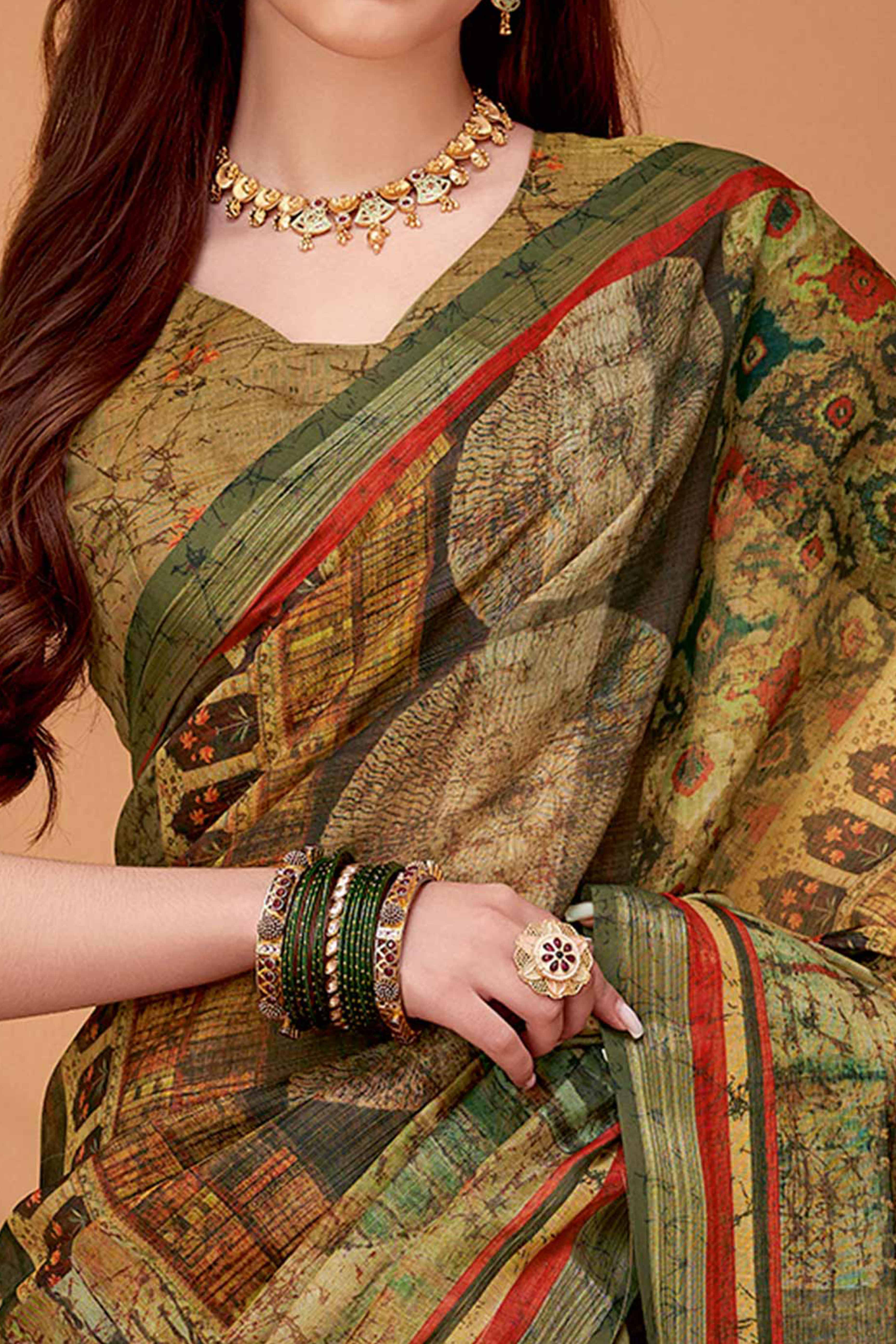 Minimalist Green Khadi Linen Saree Featuring Gentle Floral Accents