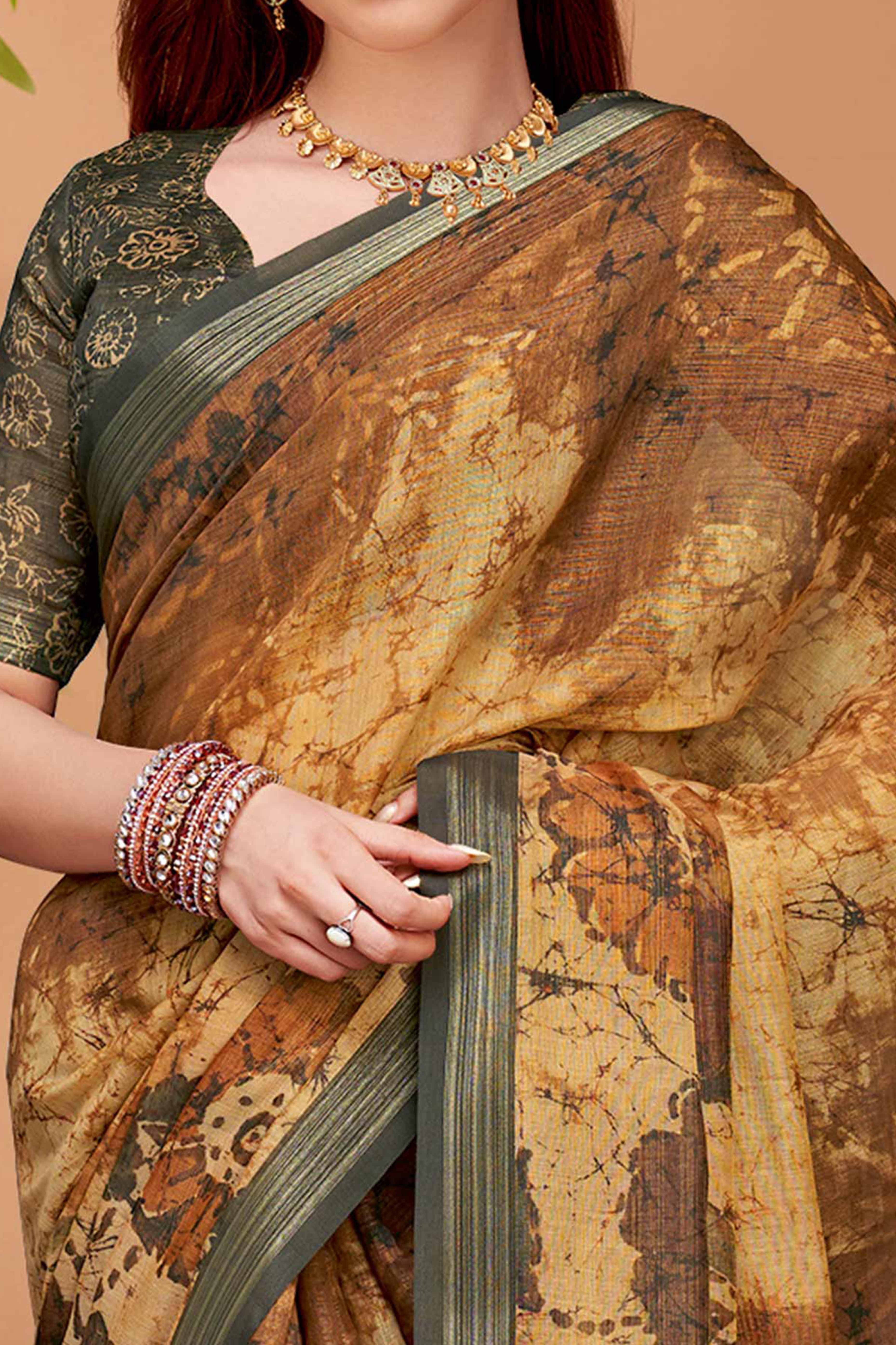Earthy Beige Linen Khadi Saree Featuring Elegant Floral Prints
