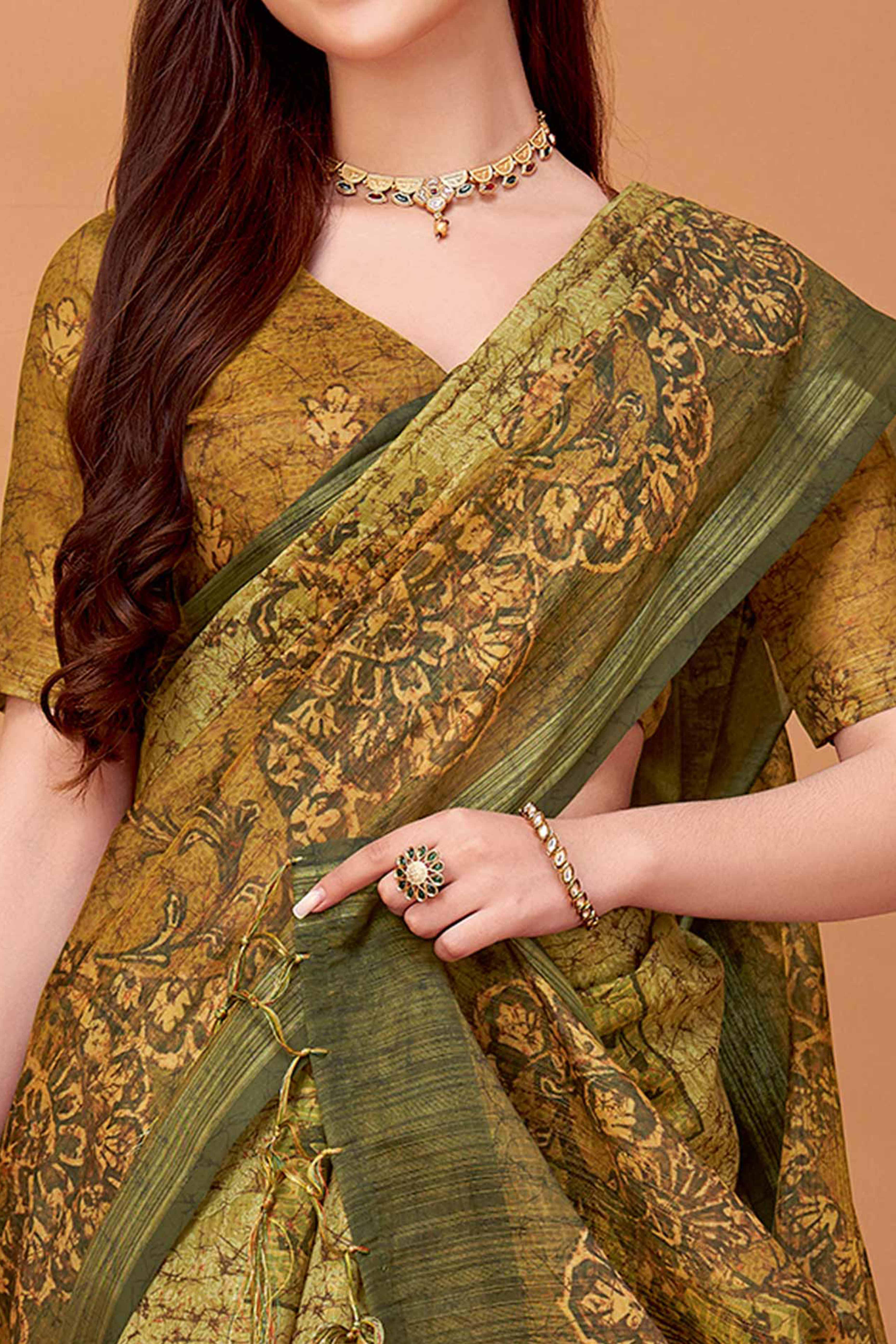 Soothing Green Linen Khadi Saree with Tonal Floral Print Detailing
