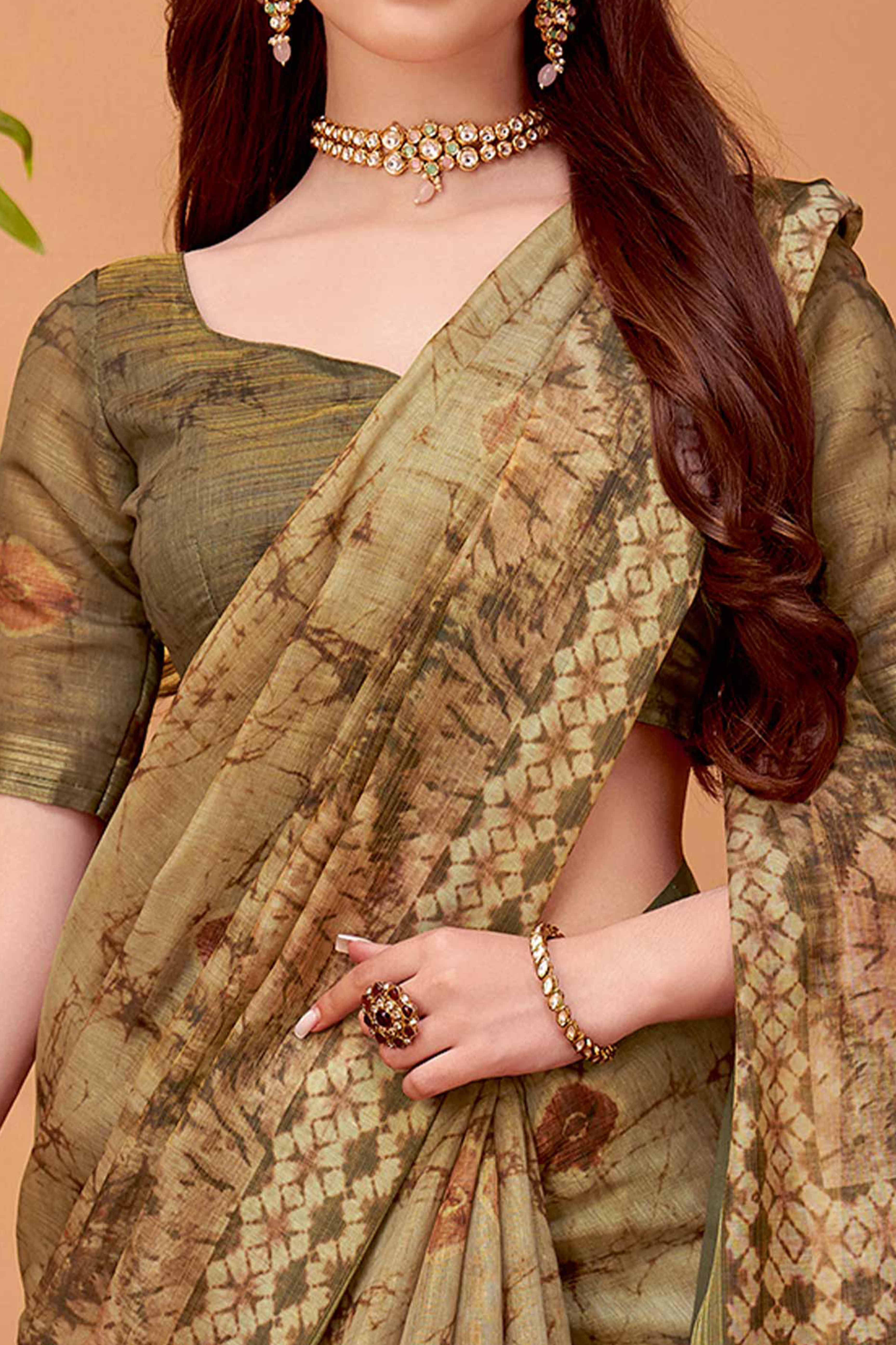 Green Linen Khadi Saree Adorned with Subtle Floral Prints