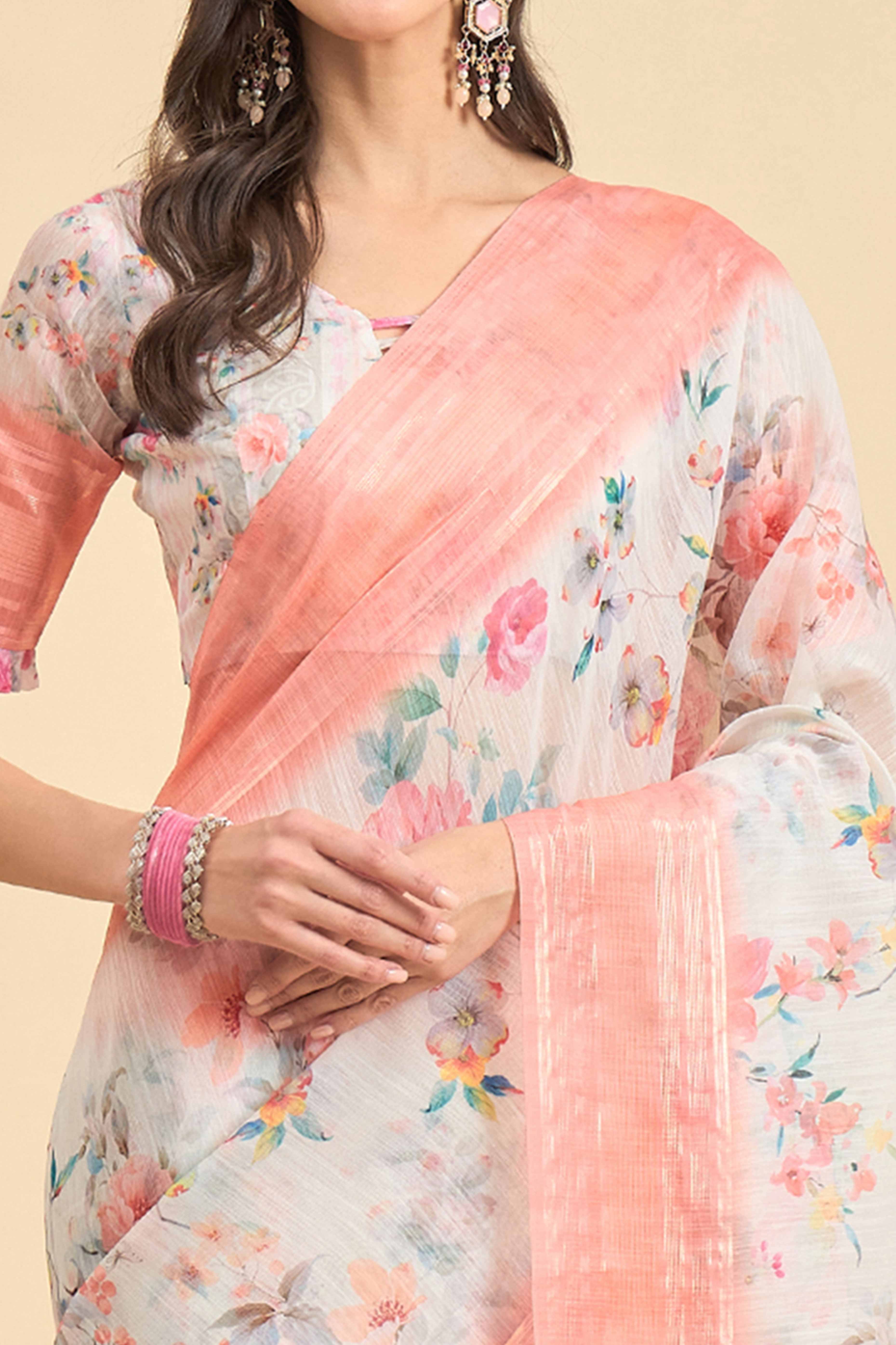 White & Peach Floral Printed Soft Linen Saree