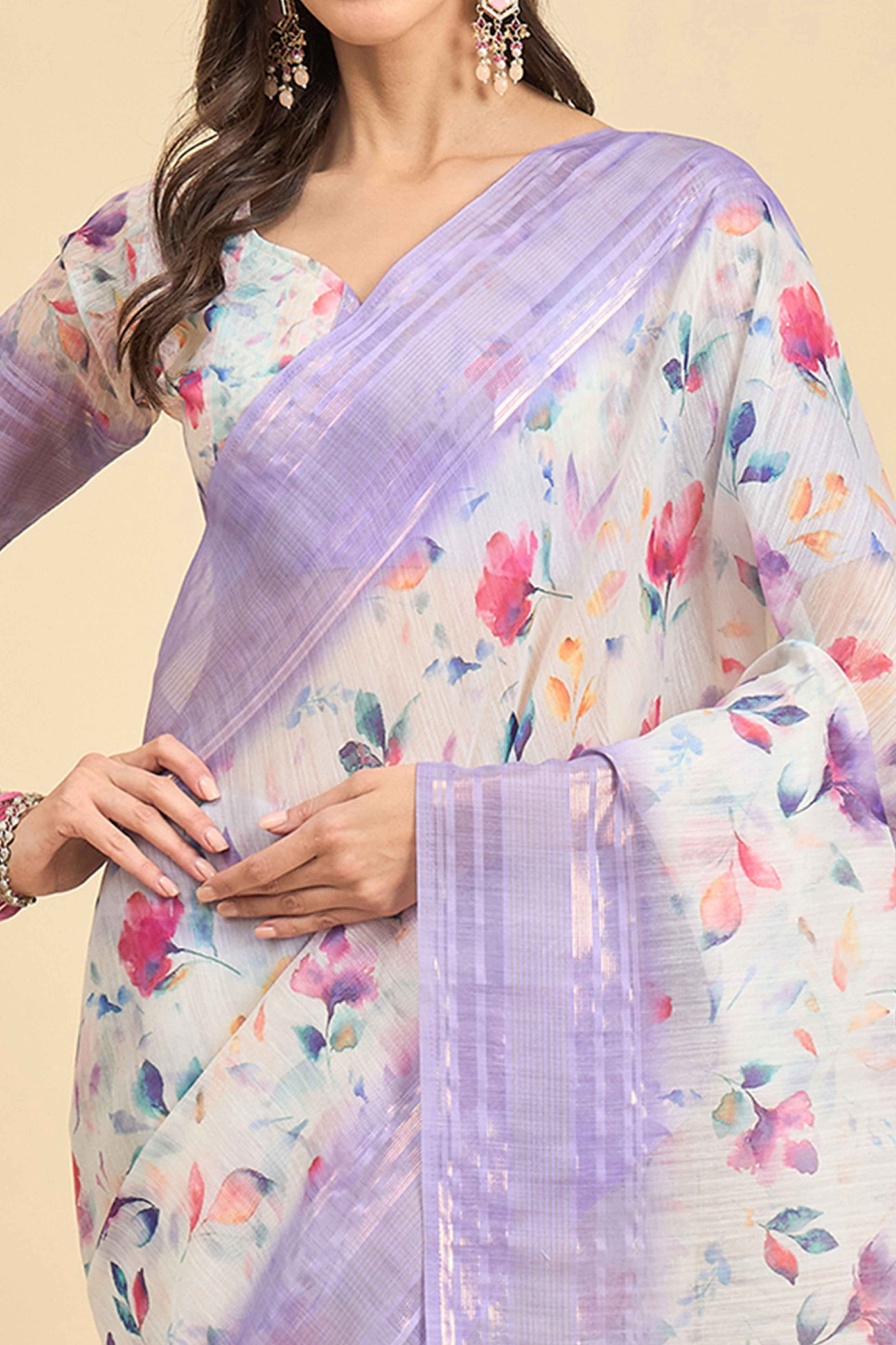 White & Lavender Floral Printed Soft Linen Saree