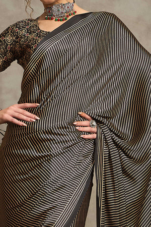 Black Ajrakh Print Satin Saree with Traditional Charm