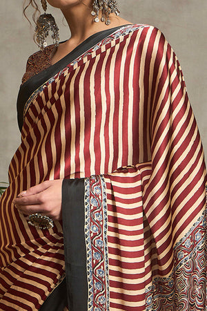Maroon Ajrakh Print Satin Saree with Traditional Charm