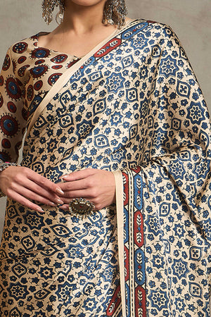 Cream Ajrakh Print Satin Saree with Traditional Charm