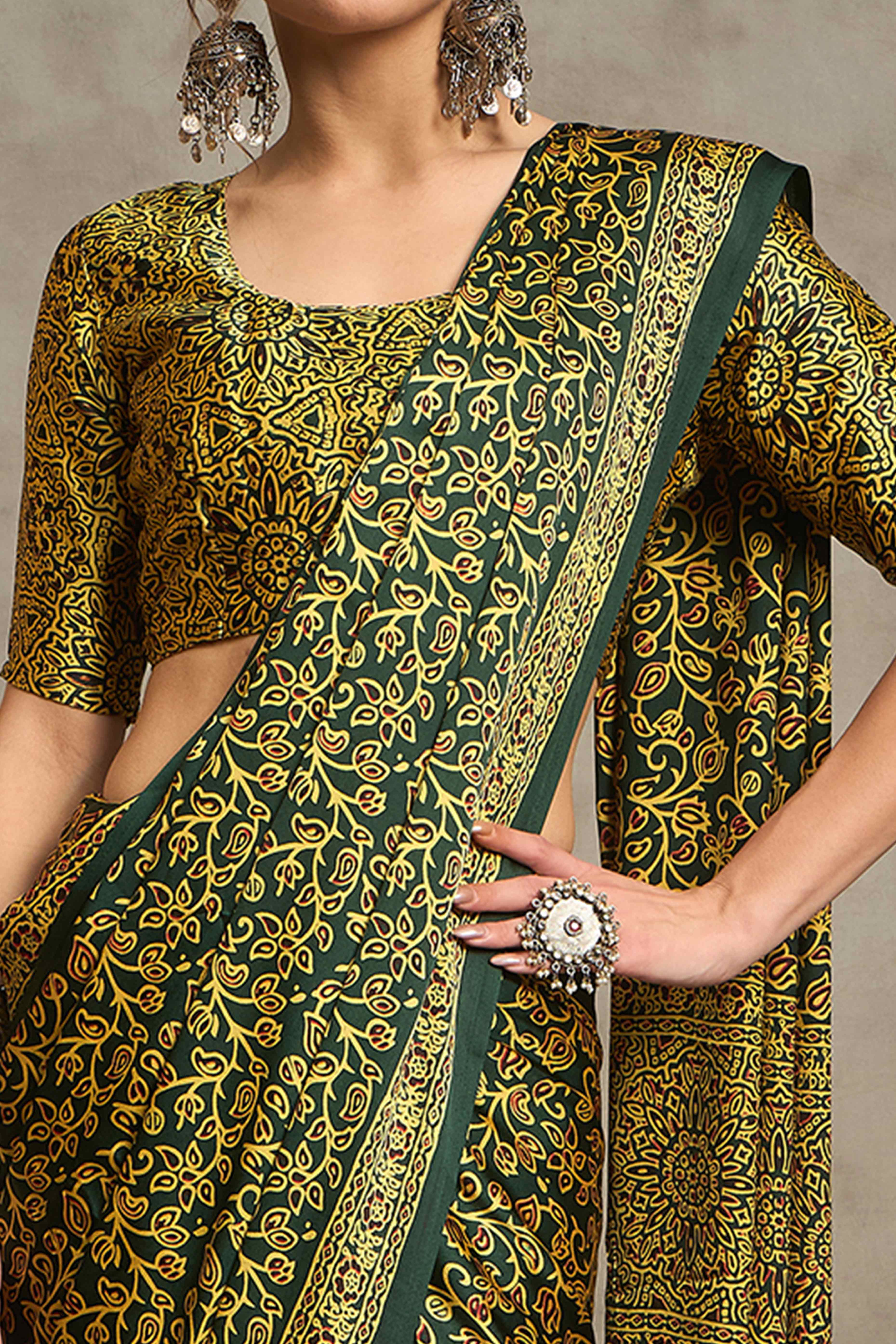 Green Ajrakh Print Satin Saree with Traditional Charm