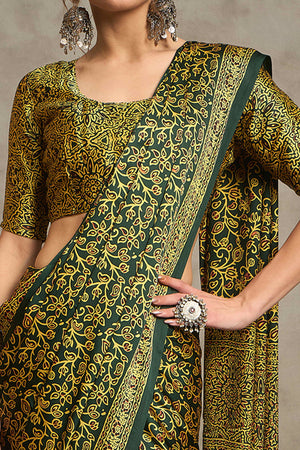 Green Ajrakh Print Satin Saree with Traditional Charm
