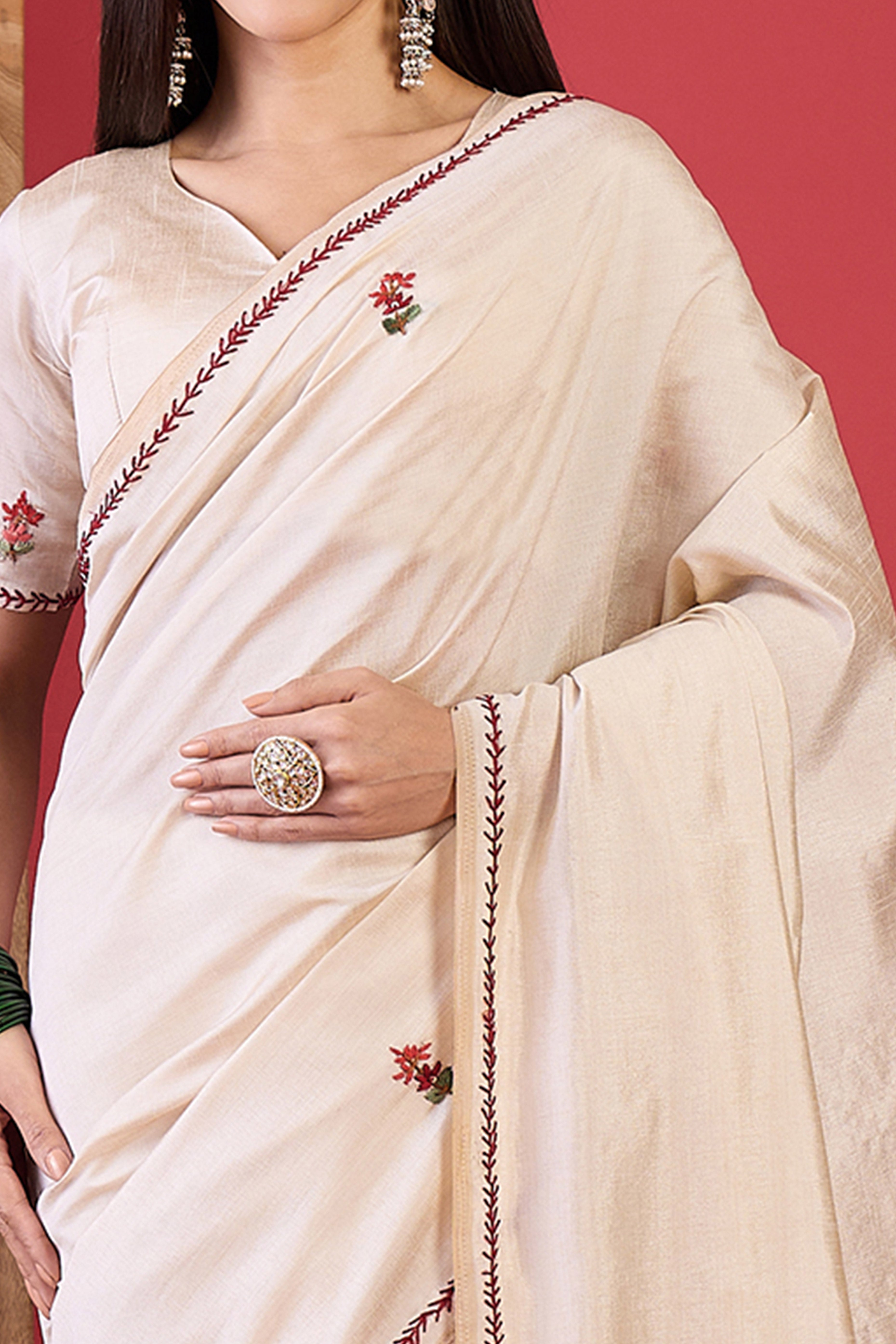 Cream Tussar Silk Saree with Fine Thread Work Embroidery for Festive Wear