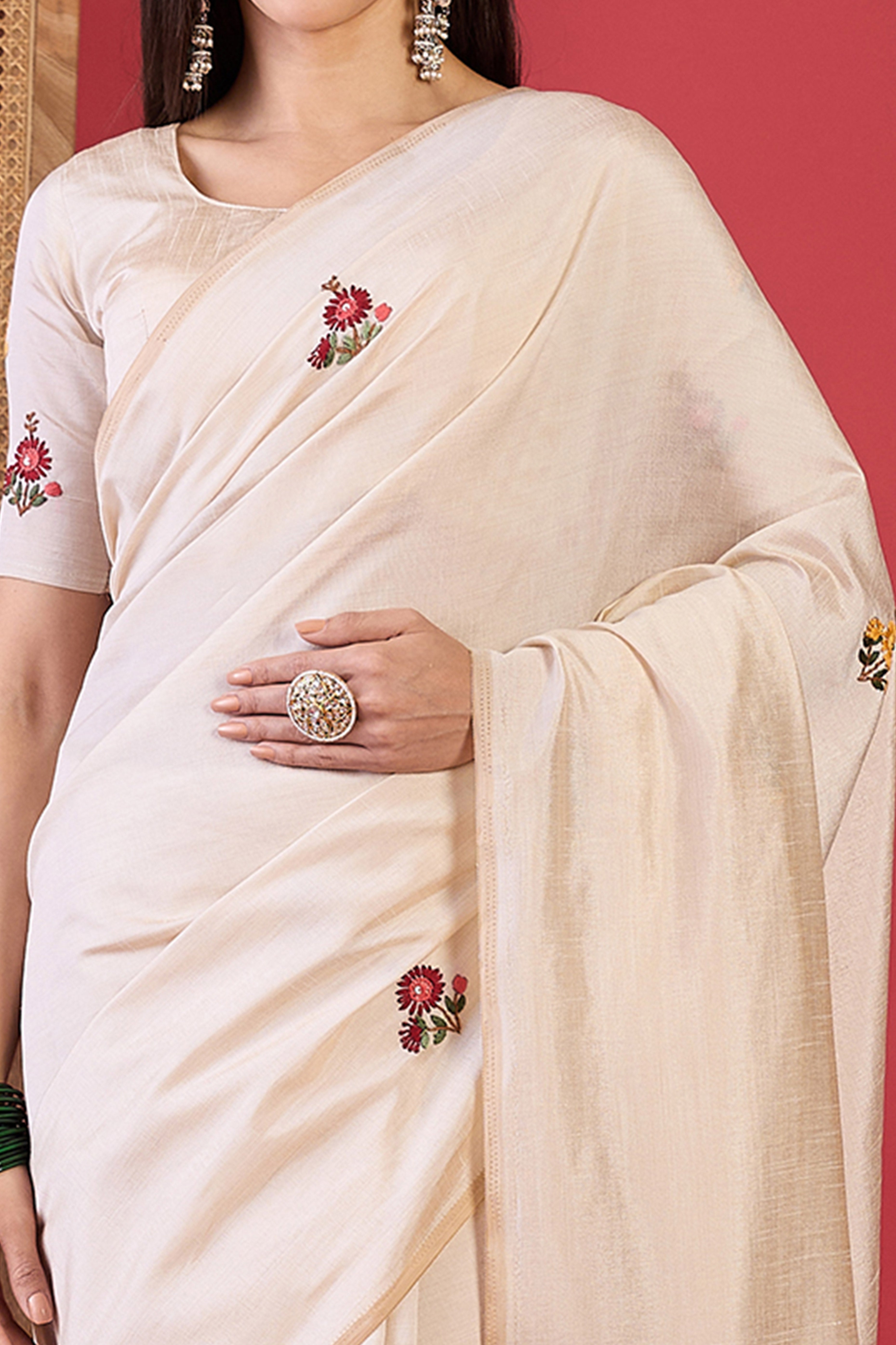 Cream Thread Embroidered Tussar Silk Saree for Traditional Occasions