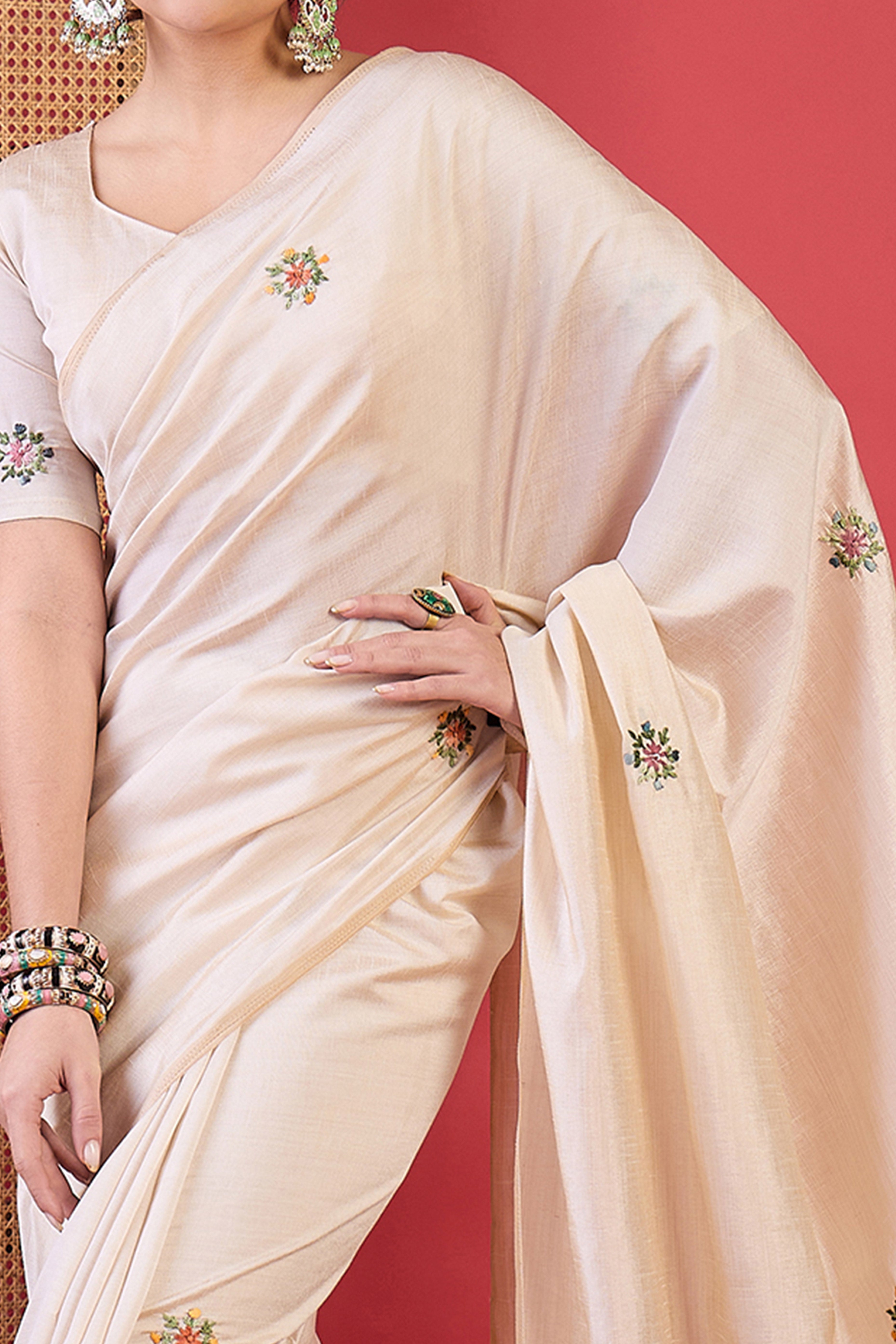 Sophisticated Cream Thread Embroidered Tussar Silk Saree for Special Occasions