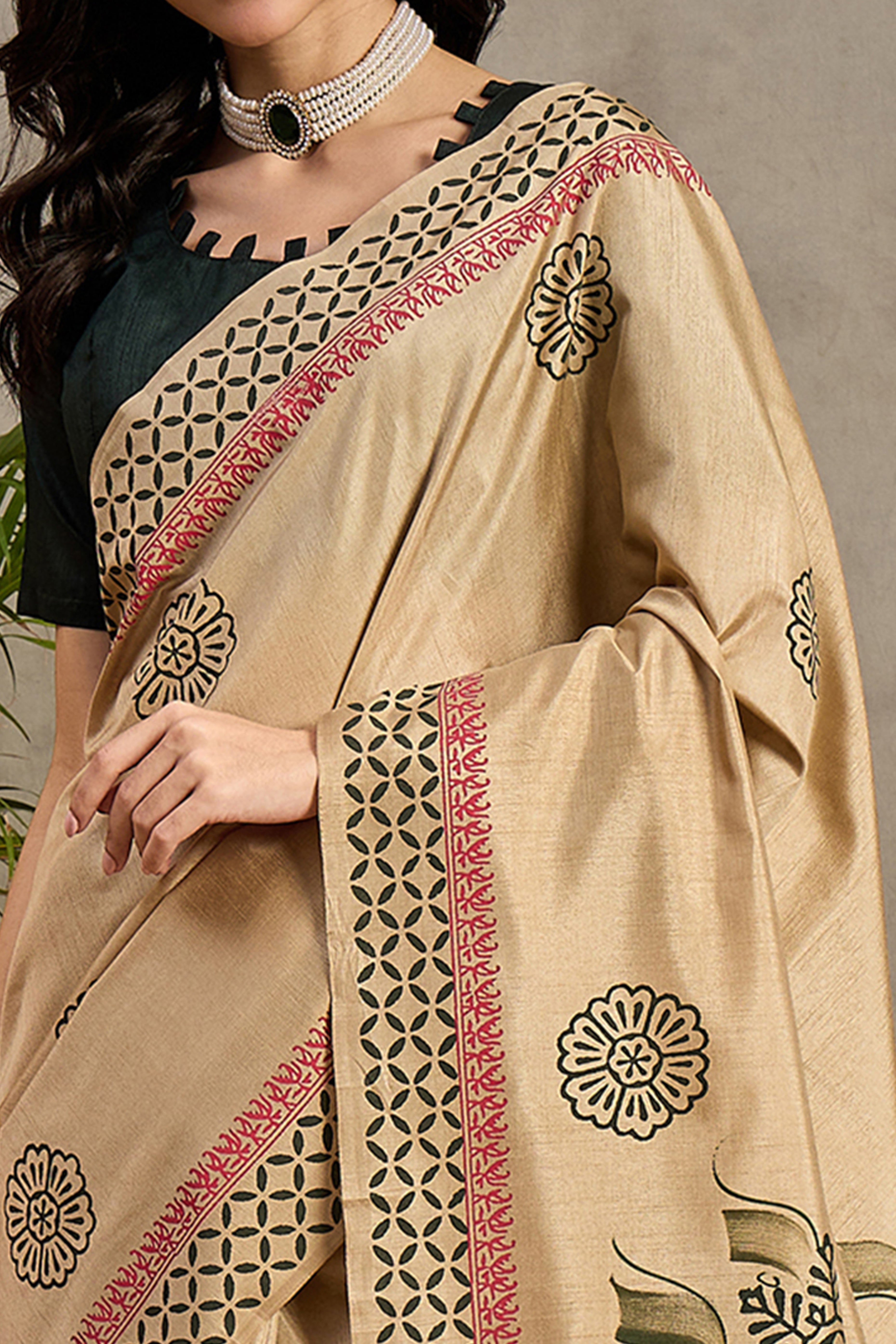 Charming Beige Floral Printed Kozi Cotton Silk Saree With Contemporary Tassel Pallu