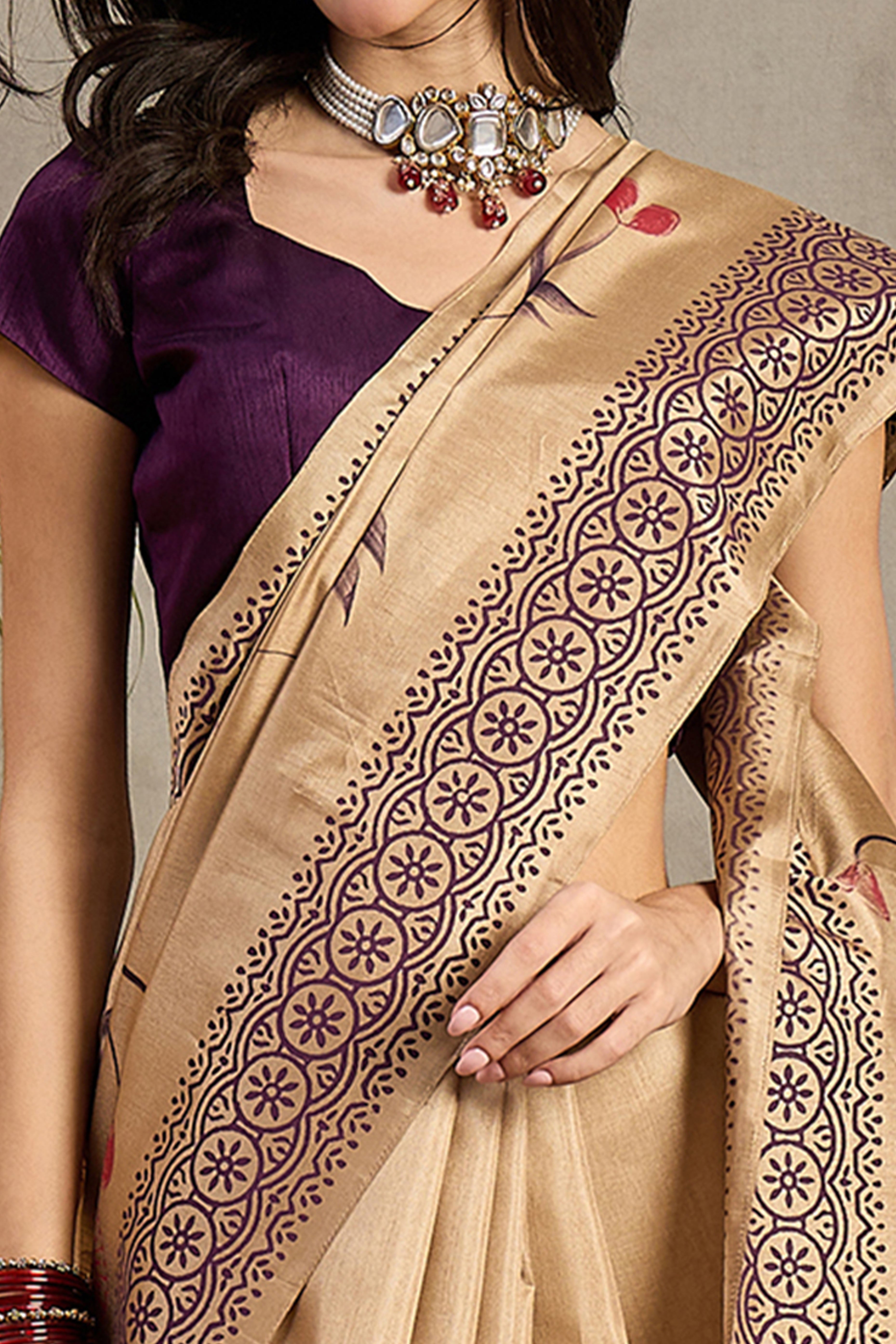 Classic Beige Floral Printed Kozi Cotton Silk Saree With Chic Tassel Embellishment Pallu