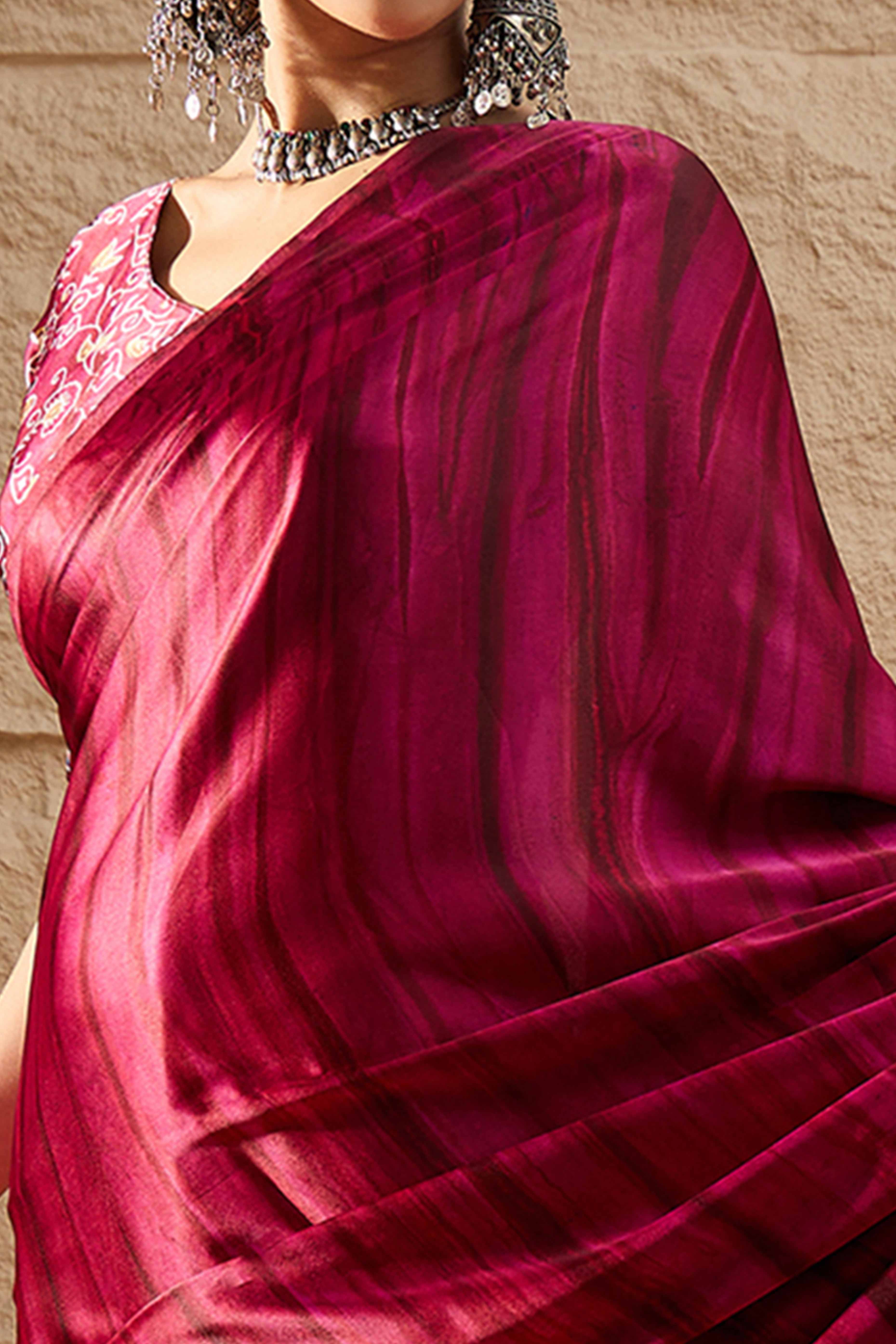 Ajrakh Print Pink Satin Saree with Ethnic Appeal