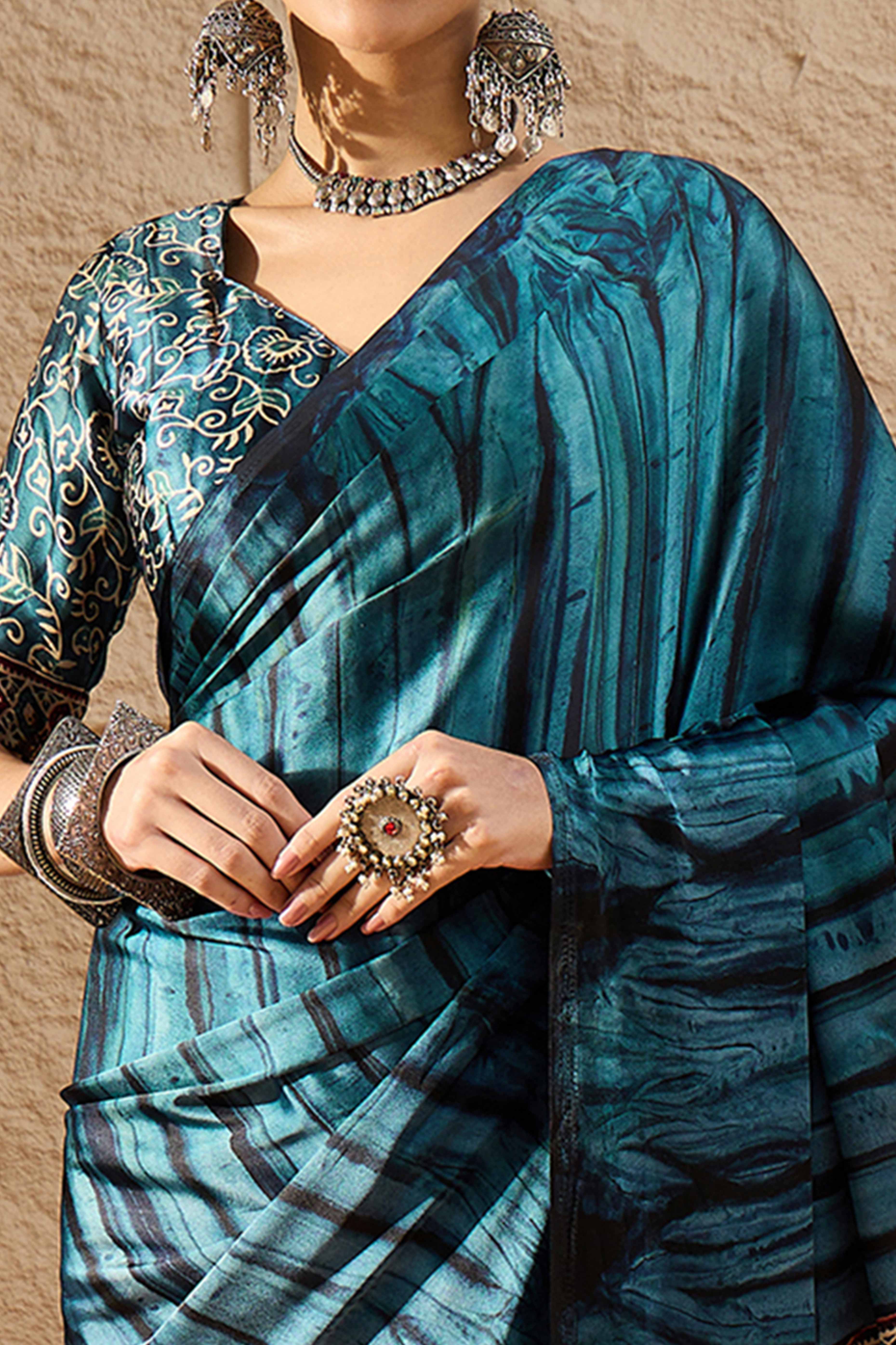 Ajrakh Print Dark Teal Satin Saree with Ethnic Appeal