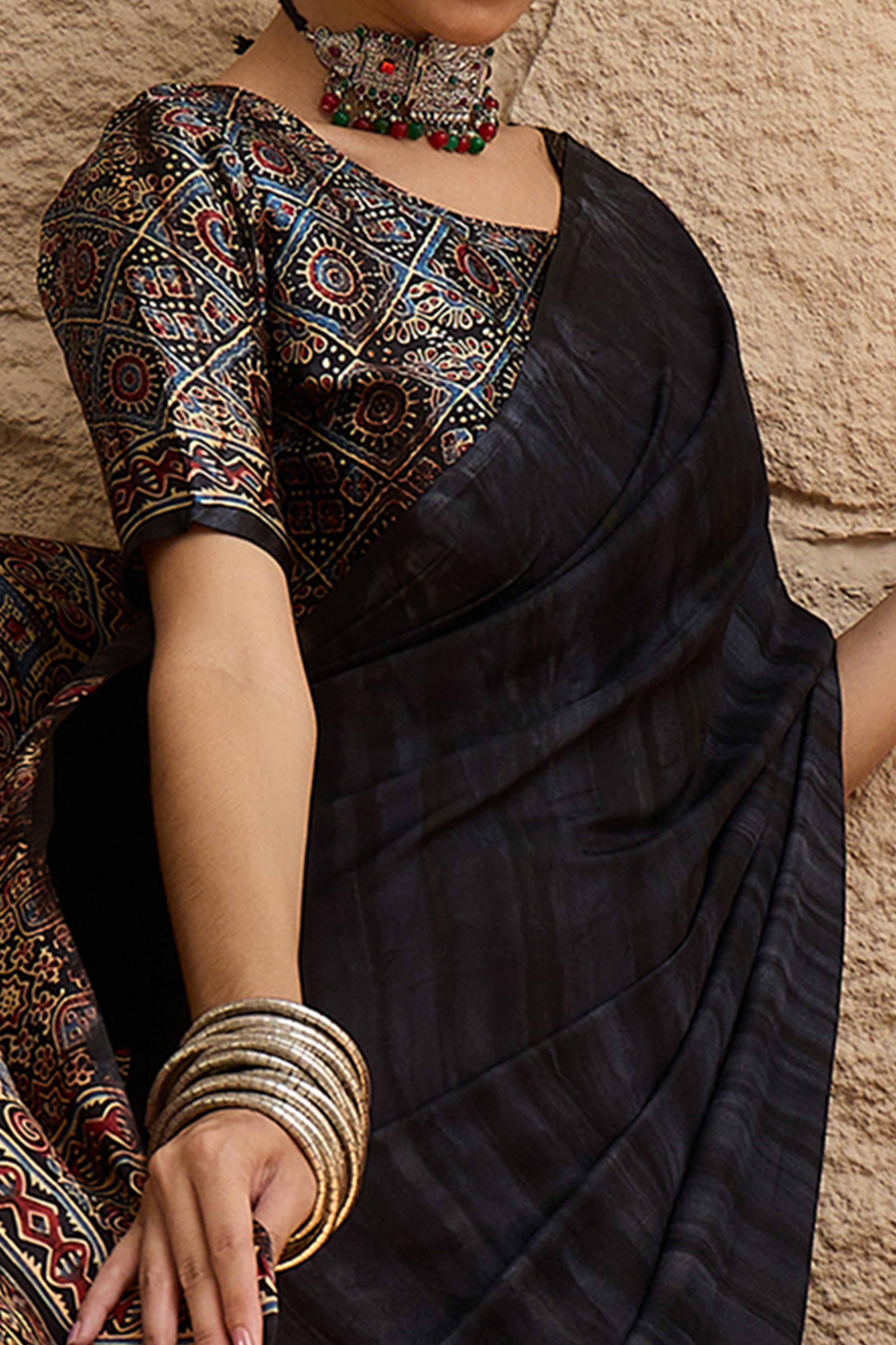 Ajrakh Print Black Satin Saree with Ethnic Appeal
