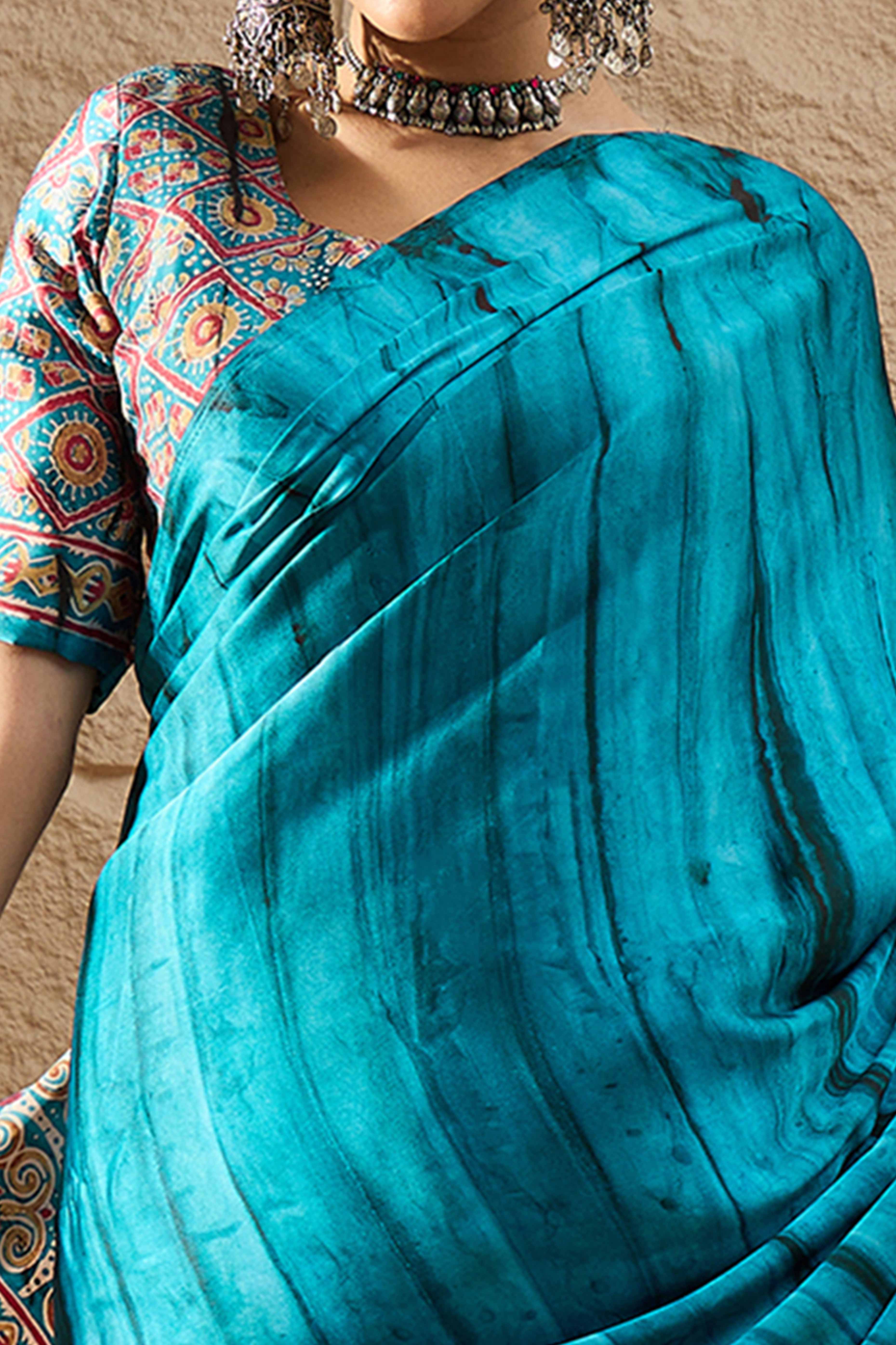 Ajrakh Print Teal Satin Saree with Ethnic Appeal