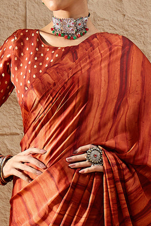 Ajrakh Print Rust Satin Saree with Ethnic Appeal