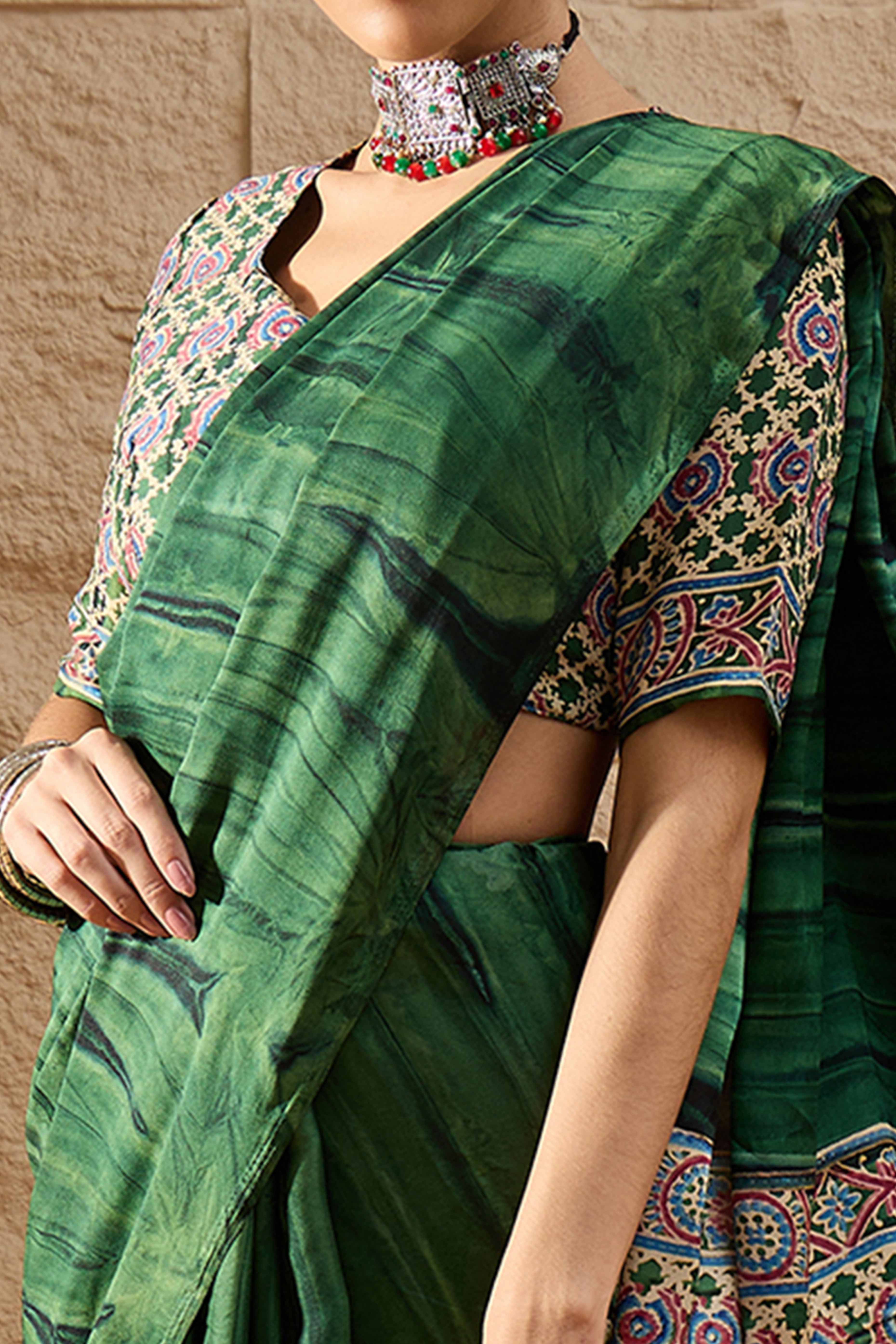 Ajrakh Print Green Satin Saree with Ethnic Appeal