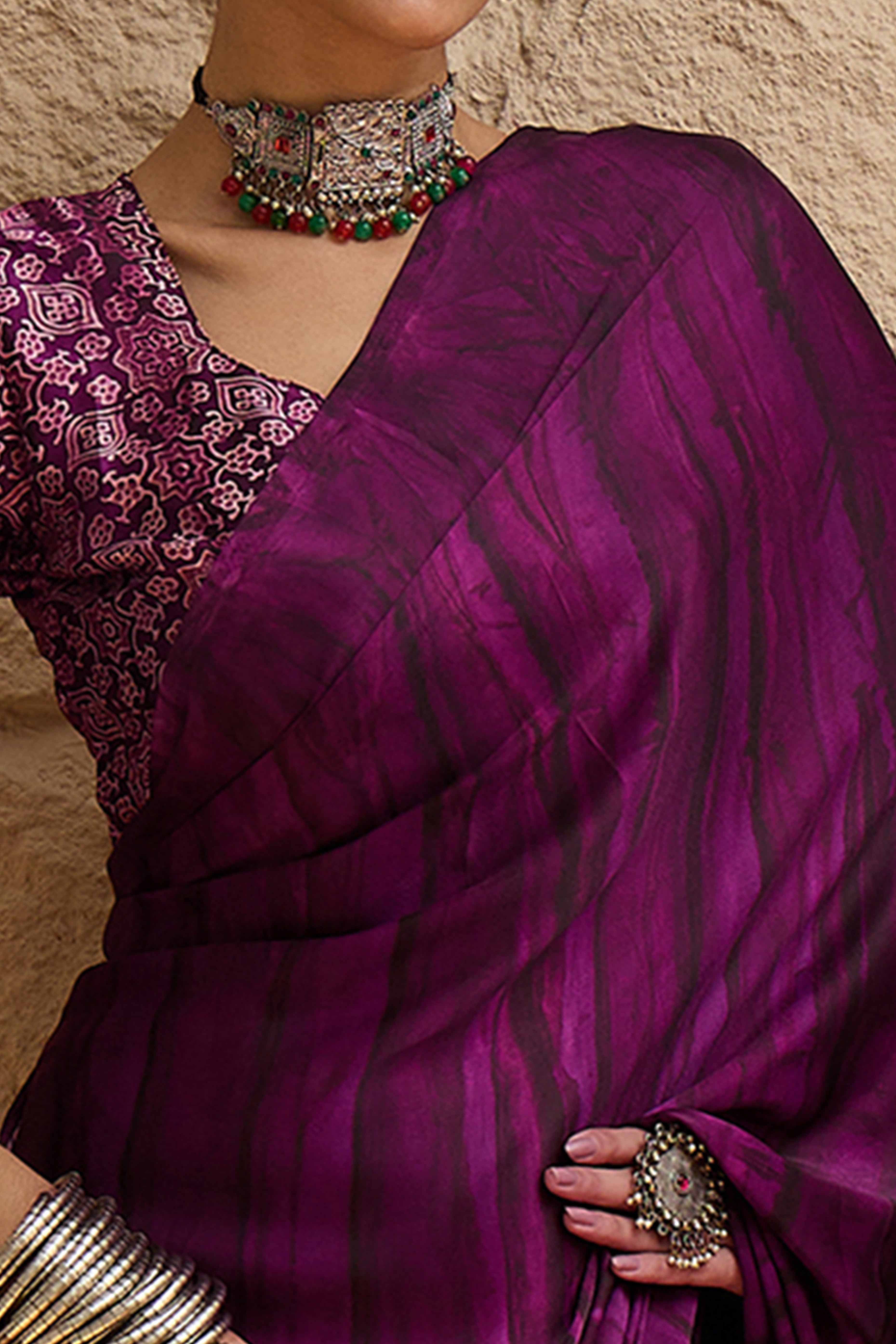 Ajrakh Print Purple Satin Saree with Ethnic Appeal