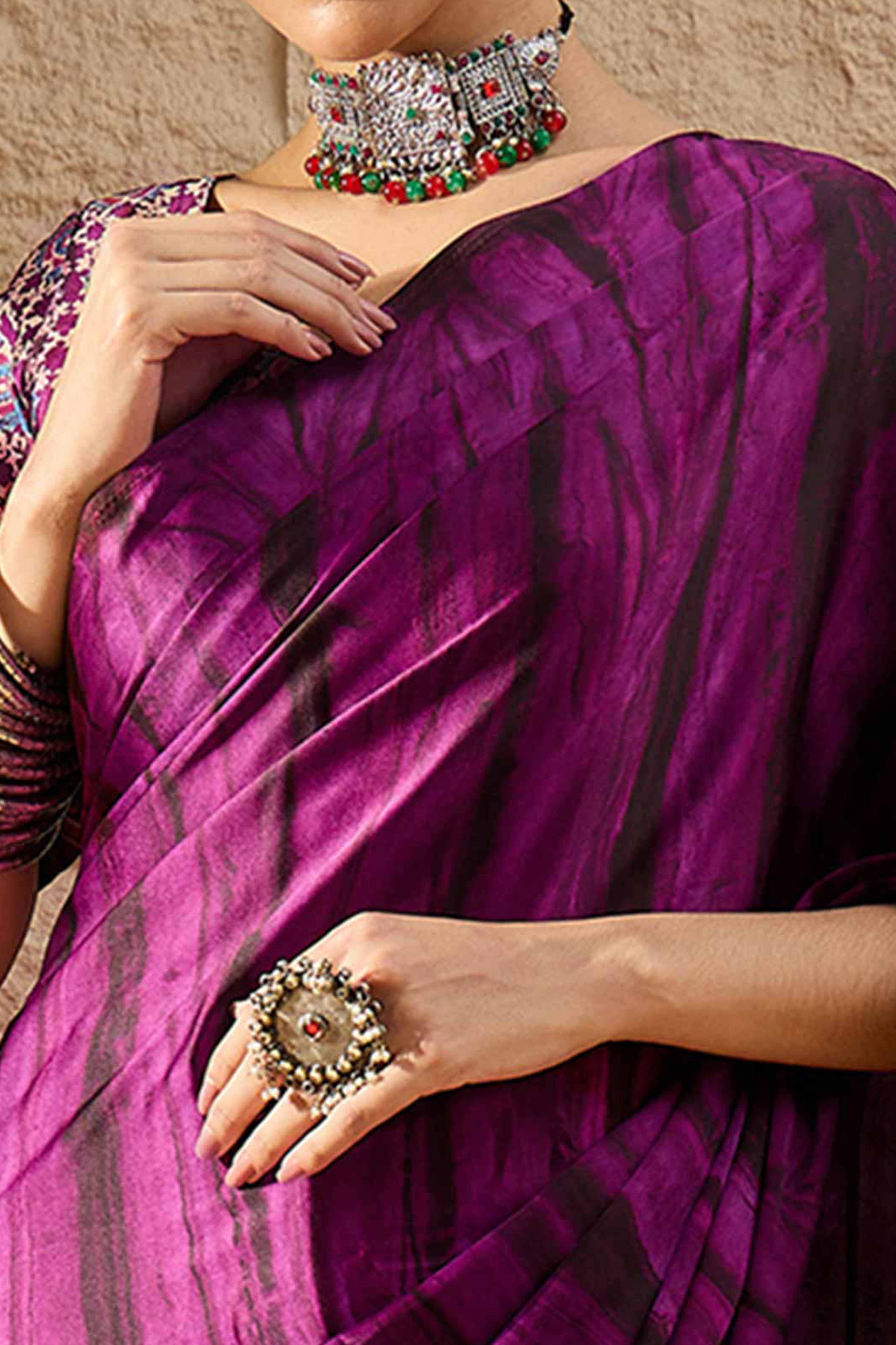 Ajrakh Print on Pallu Purple Satin Saree with Ethnic Appeal