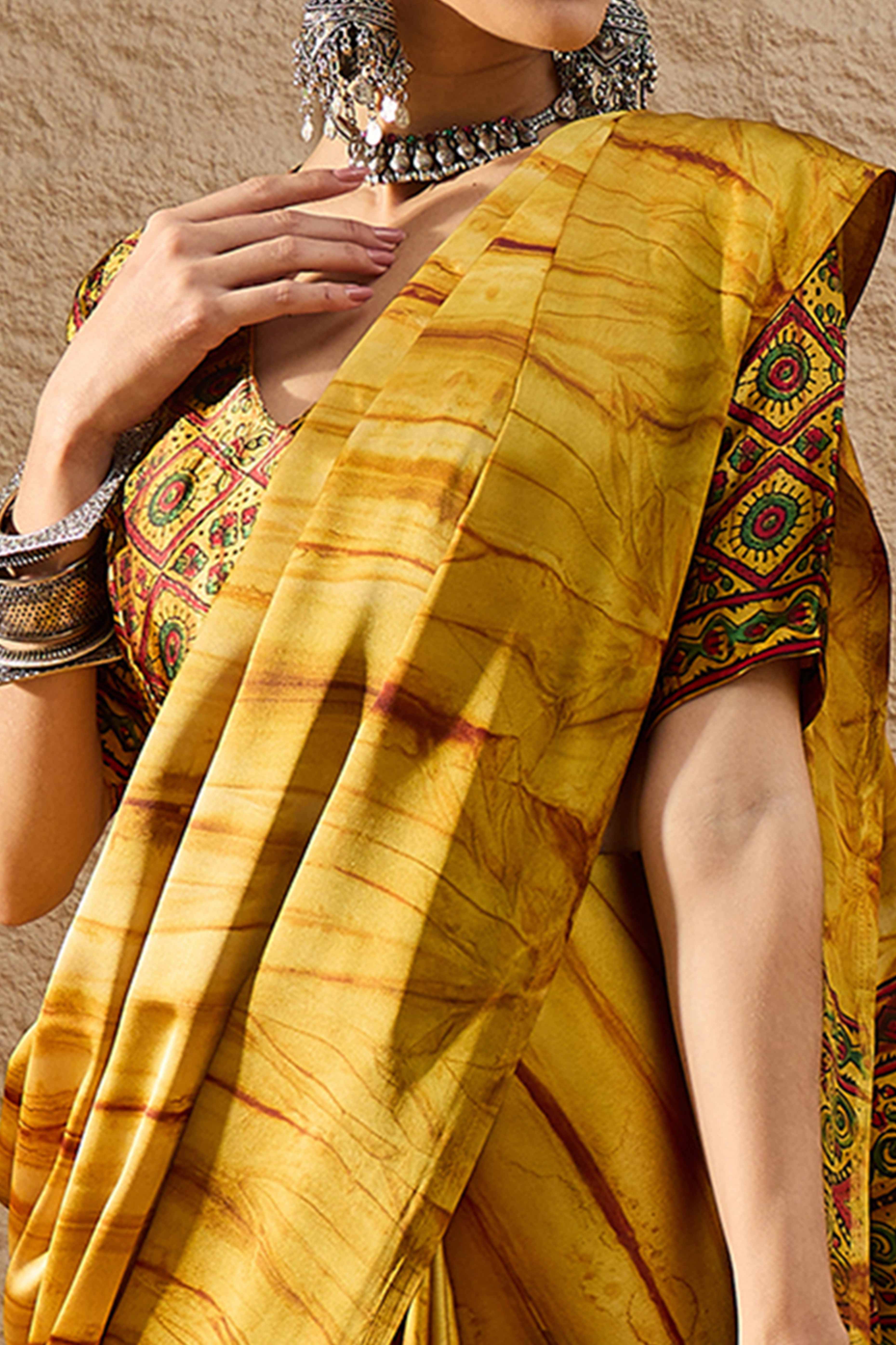 Ajrakh Print Mustard Satin Saree with Ethnic Appeal