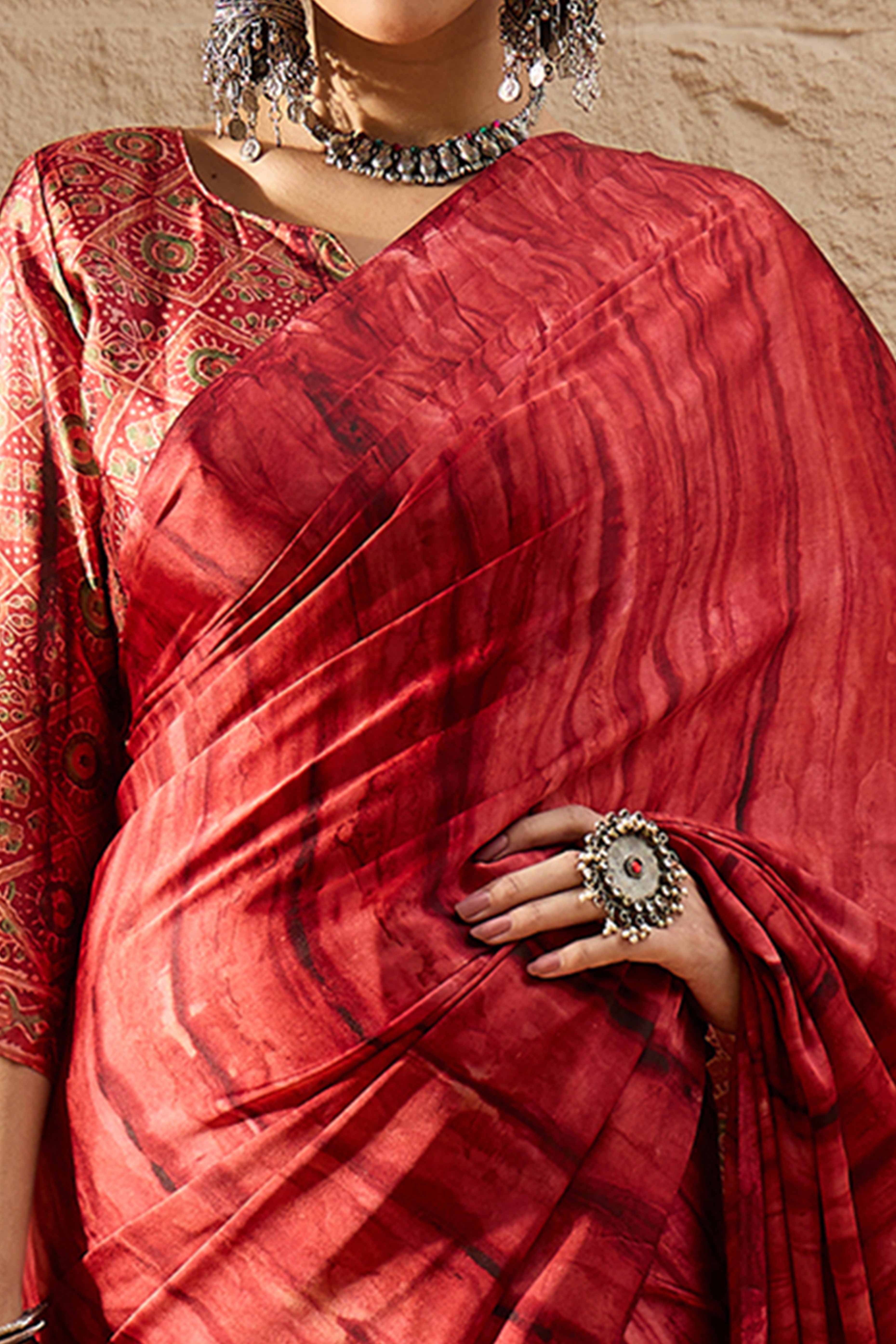 Ajrakh Print Red Satin Saree with Ethnic Appeal