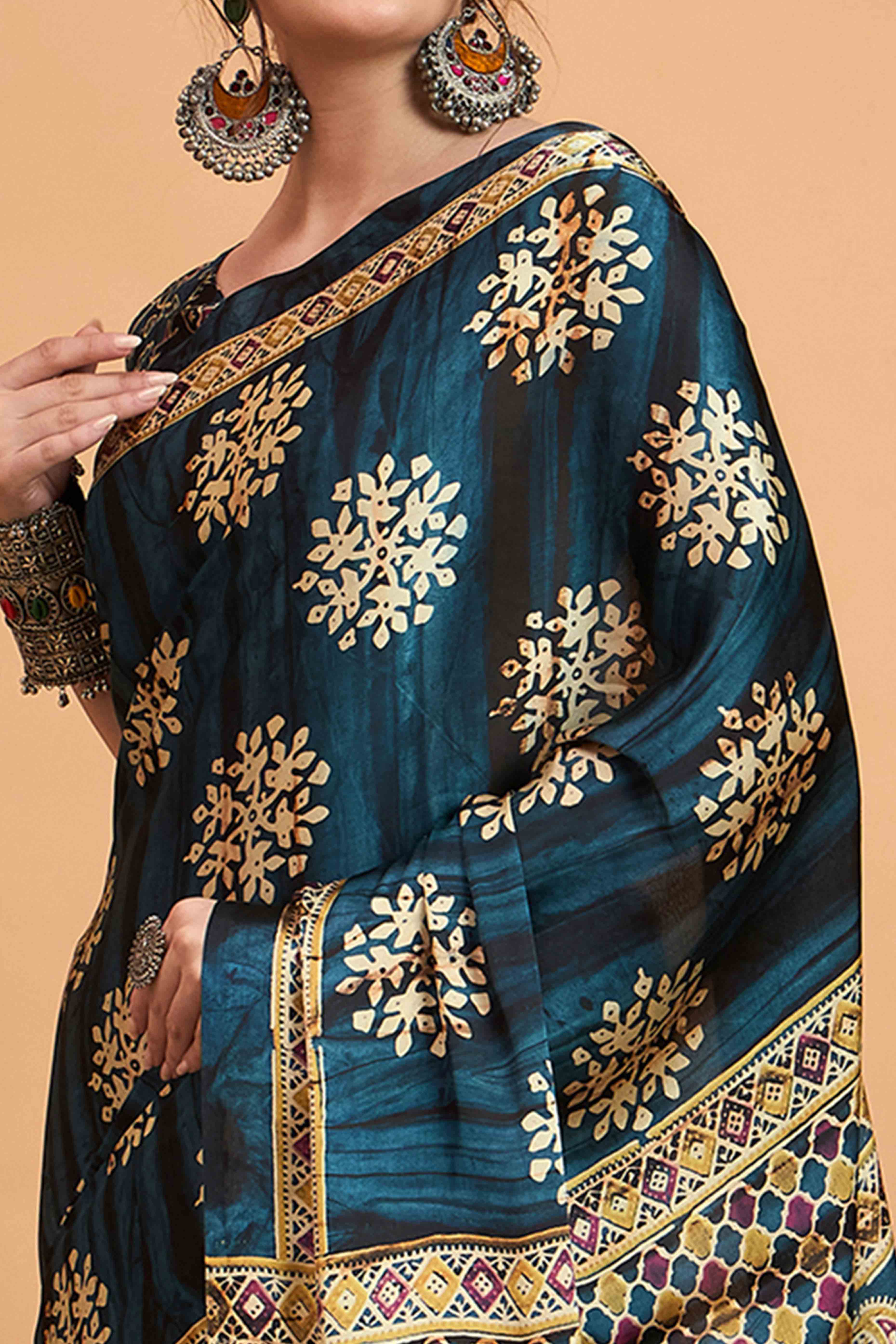 Blue Floral Ajrakh & Batik Print Saree In Luxurious Modal Satin With Tassel Pallu