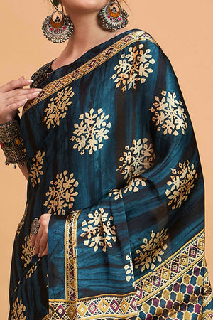 Blue Floral Ajrakh & Batik Print Saree In Luxurious Modal Satin With Tassel Pallu
