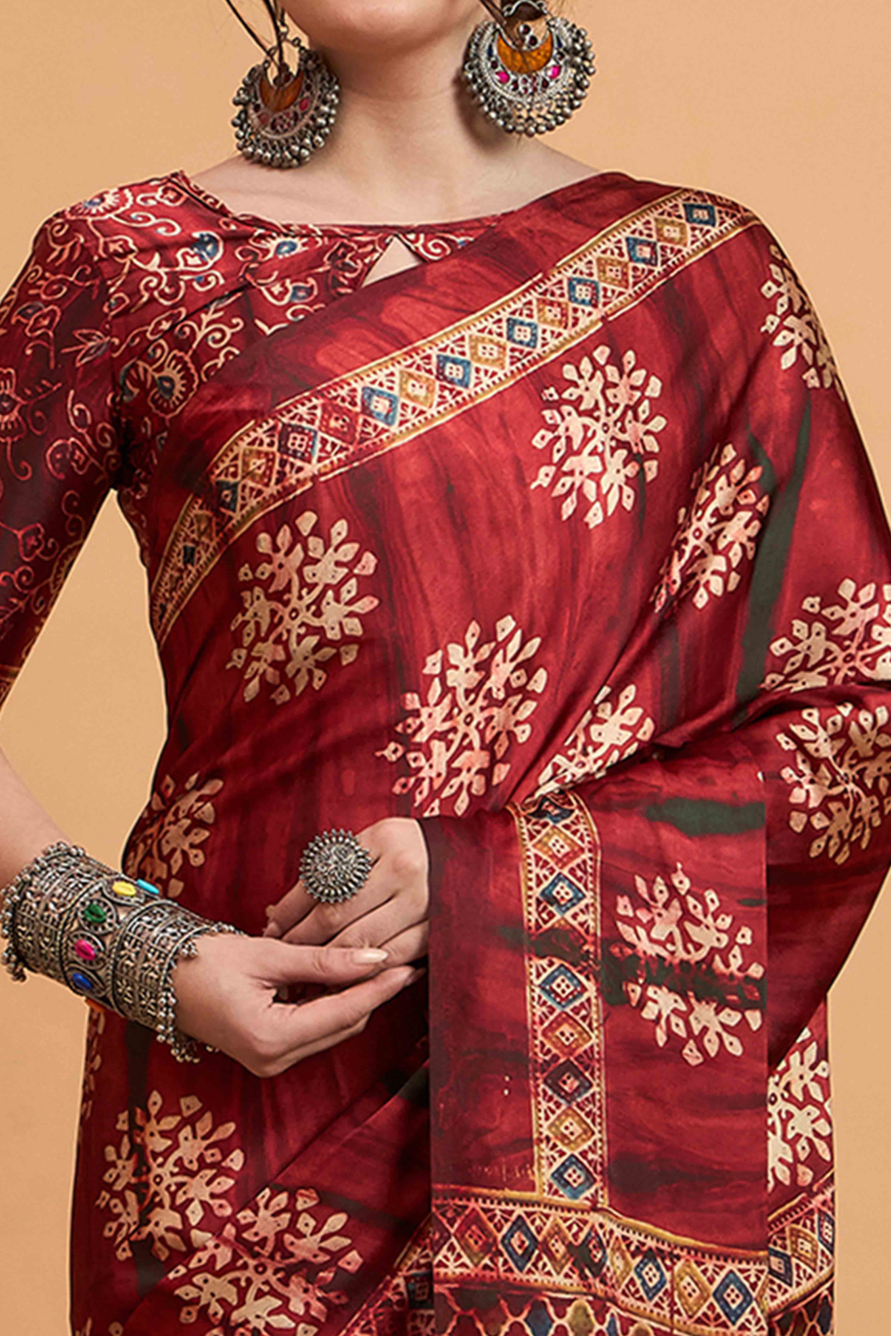 Red Floral Ajrakh & Batik Print Saree In Luxurious Modal Satin With Tassel Pallu