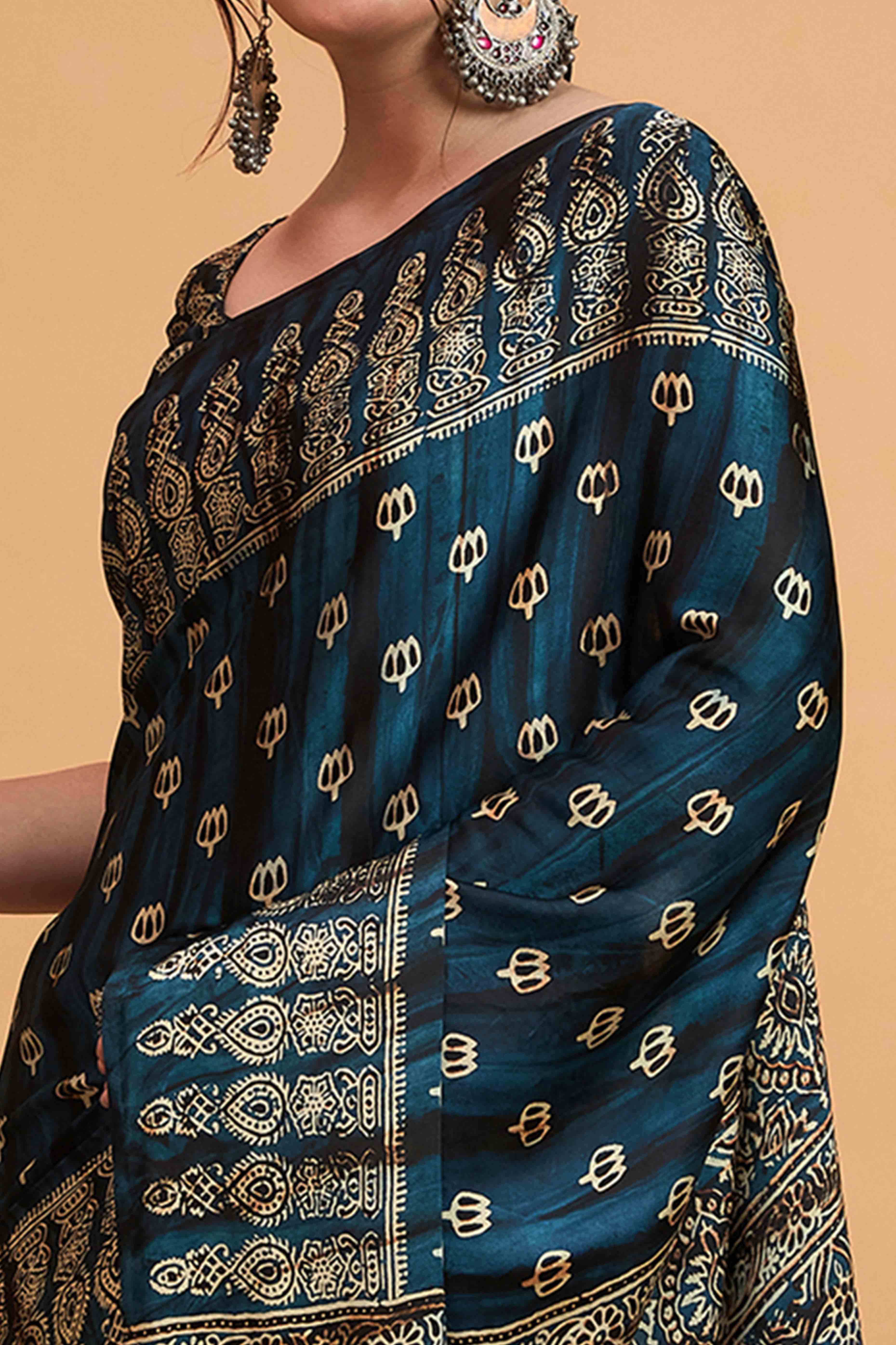 Blue Floral Ajrakh & Batik Print Saree In Luxurious Modal Satin With Tassel Pallu