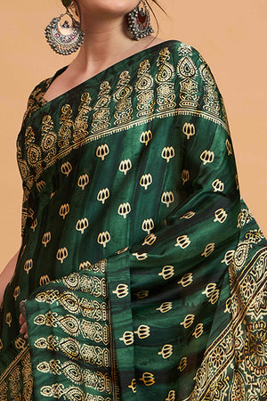 Green Floral Ajrakh & Batik Print Saree In Luxurious Modal Satin With Tassel Pallu
