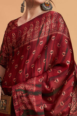 Maroon Floral Ajrakh & Batik Print Saree In Luxurious Modal Satin With Tassel Pallu