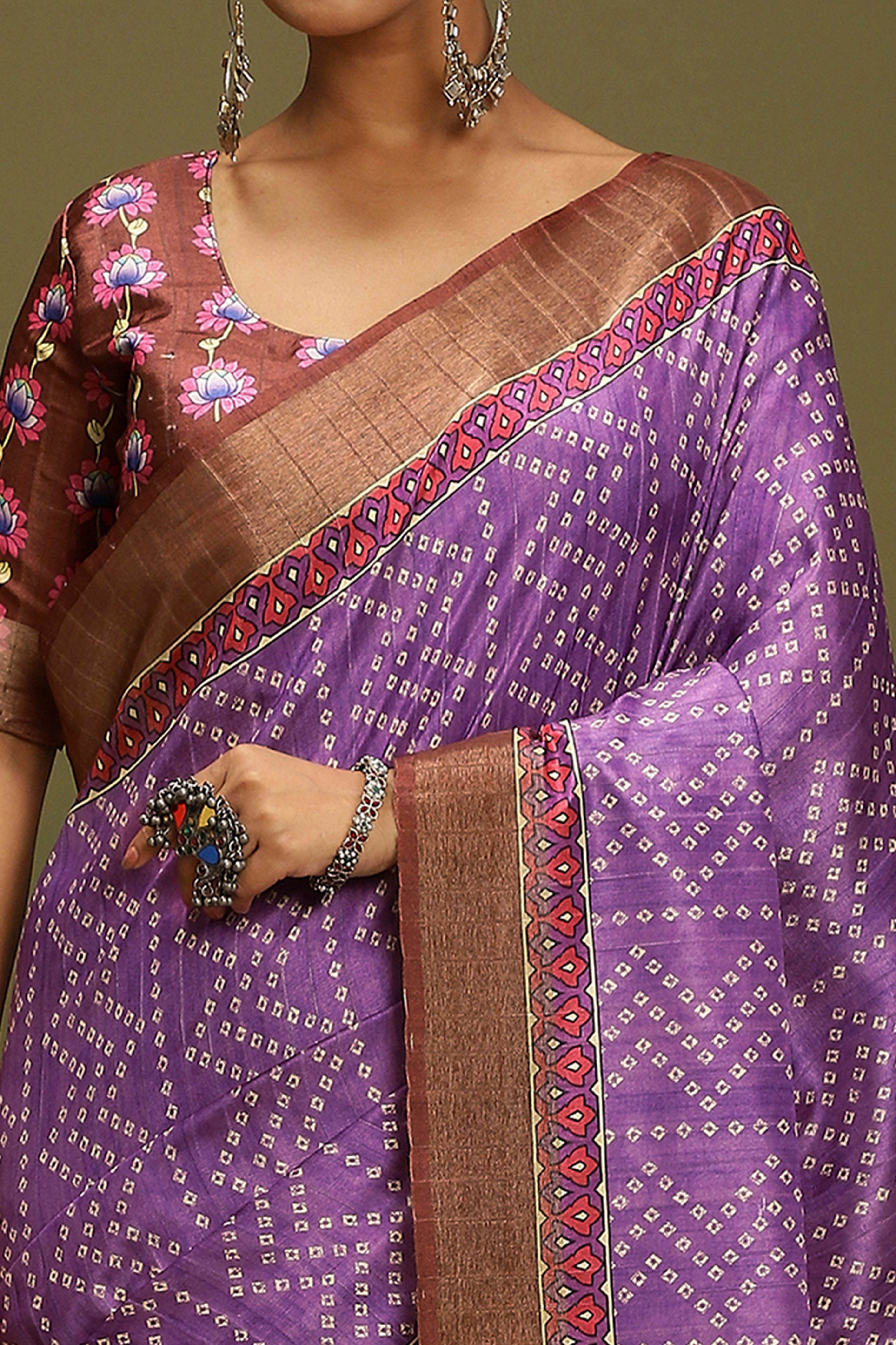 Purple Silk Blend Saree Decorated with Vibrant Bandhani Prints and Festive Detailing