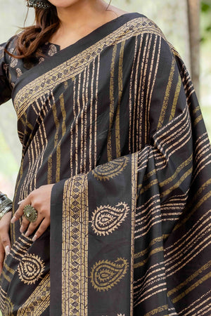 Authentic Handblock Printed Black Cotton Silk Saree