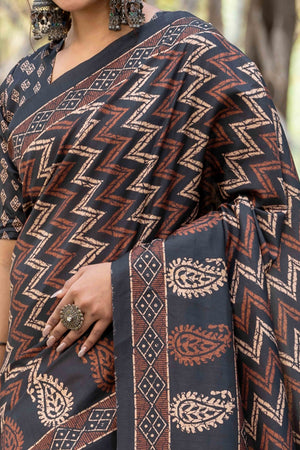 Authentic Handblock Printed Black & Cream Cotton Silk Saree