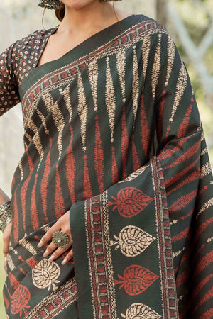 Authentic Handblock Printed Black Cotton Silk Saree