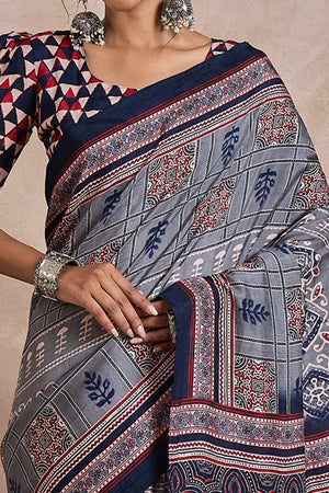 Grey Dola Silk Saree Featuring Heritage Ajrakh Prints for Celebratory Occasions