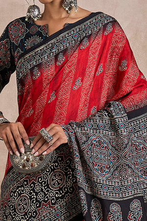 Red Dola Silk Saree Featuring Heritage Ajrakh Prints for Celebratory Occasions