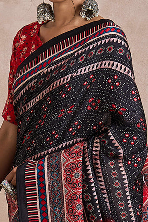 Black Dola Silk Saree Featuring Heritage Ajrakh Prints for Celebratory Occasions