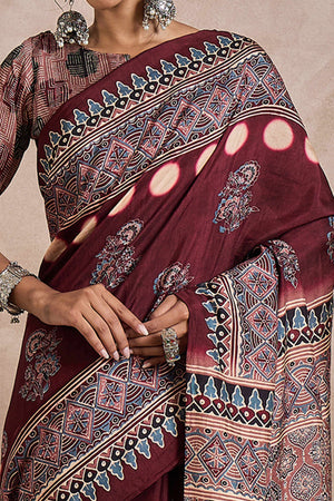 Dark Brown Dola Silk Saree Featuring Heritage Ajrakh Prints for Celebratory Occasions
