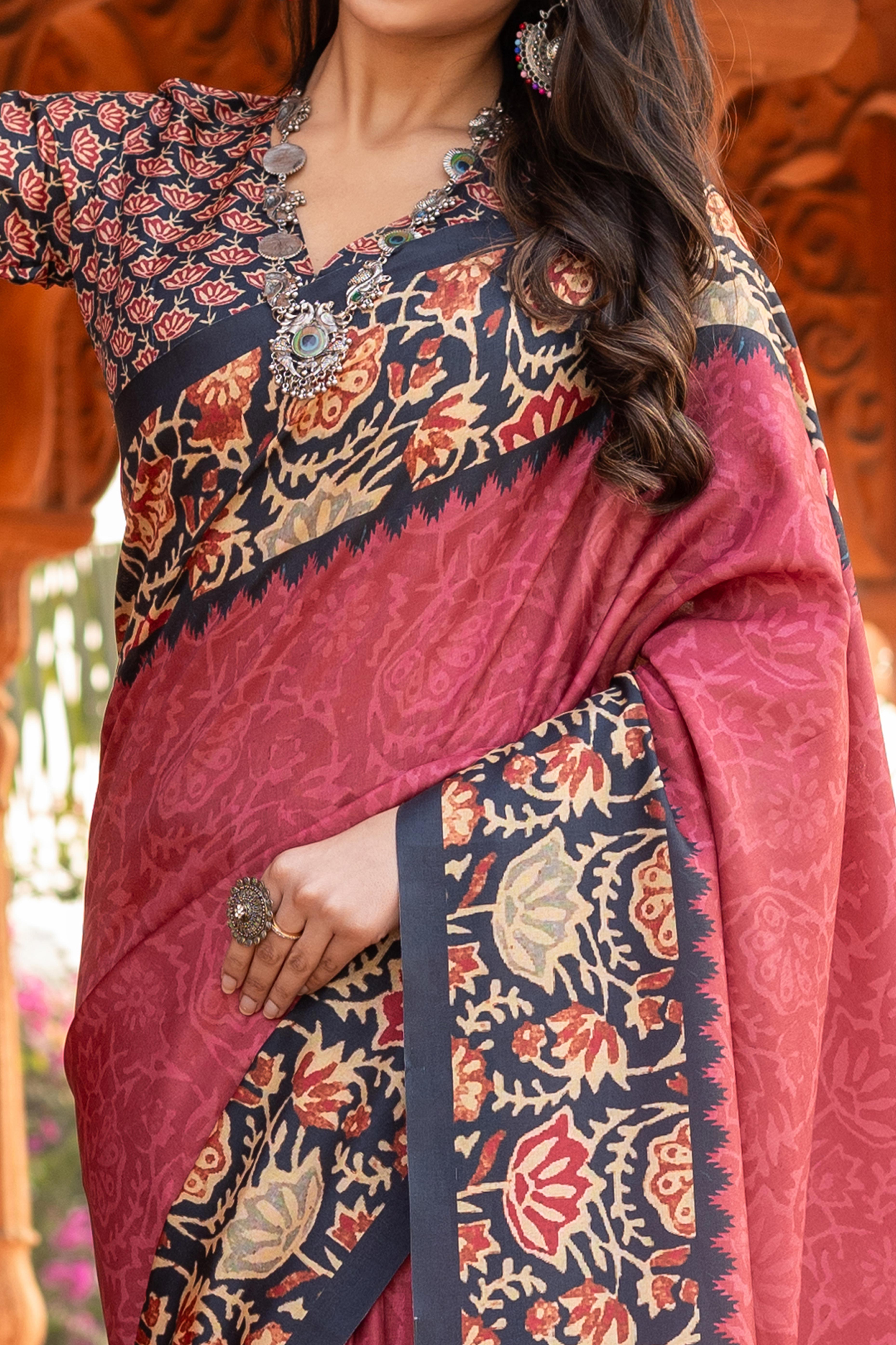 Graceful Pink Floral Printed Manipuri Cotton Silk Saree Showcasing Timeless Elegance