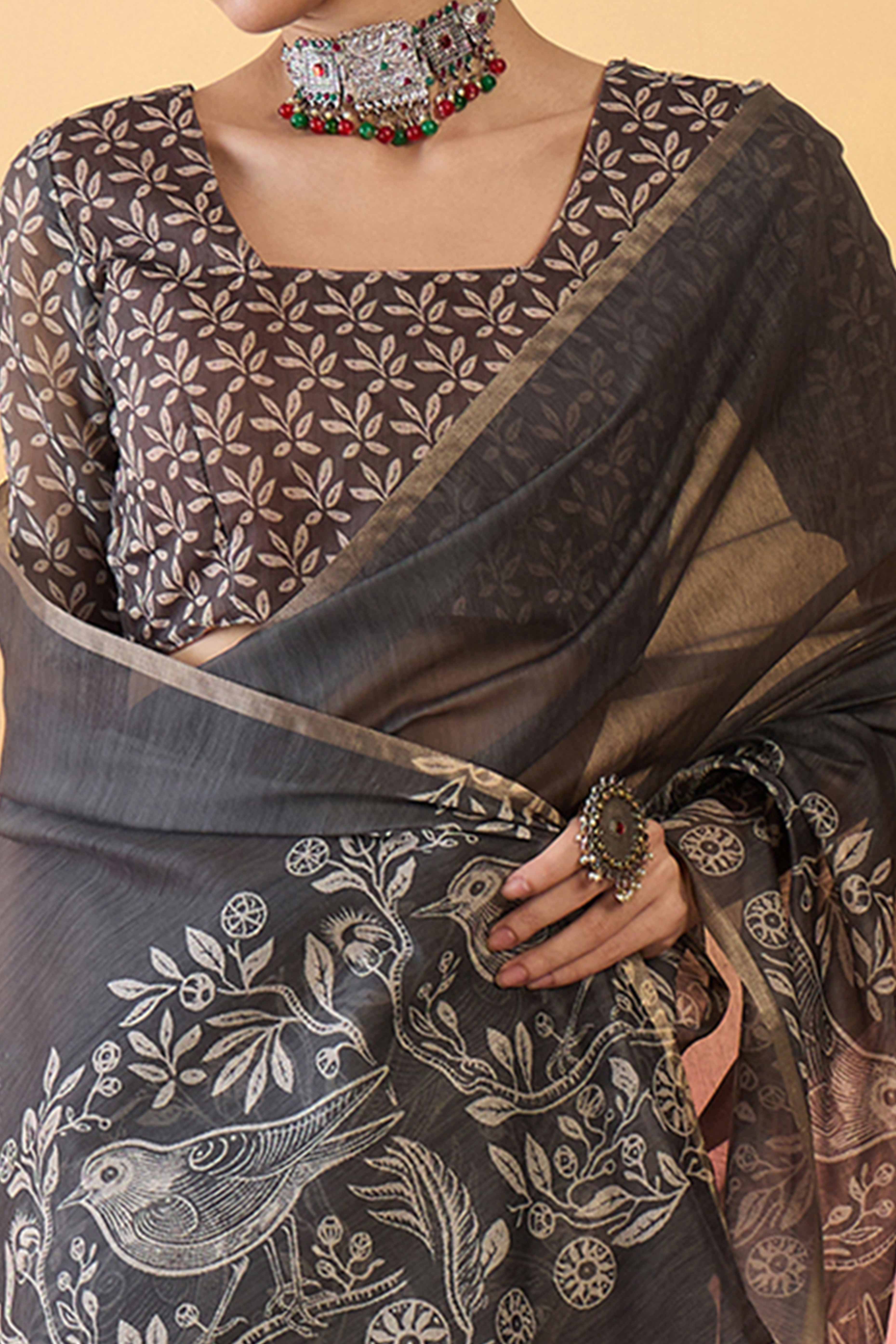 Dark Grey Linen Cotton Saree Featuring Elegant Floral & Bird Prints With Tassel Pallu