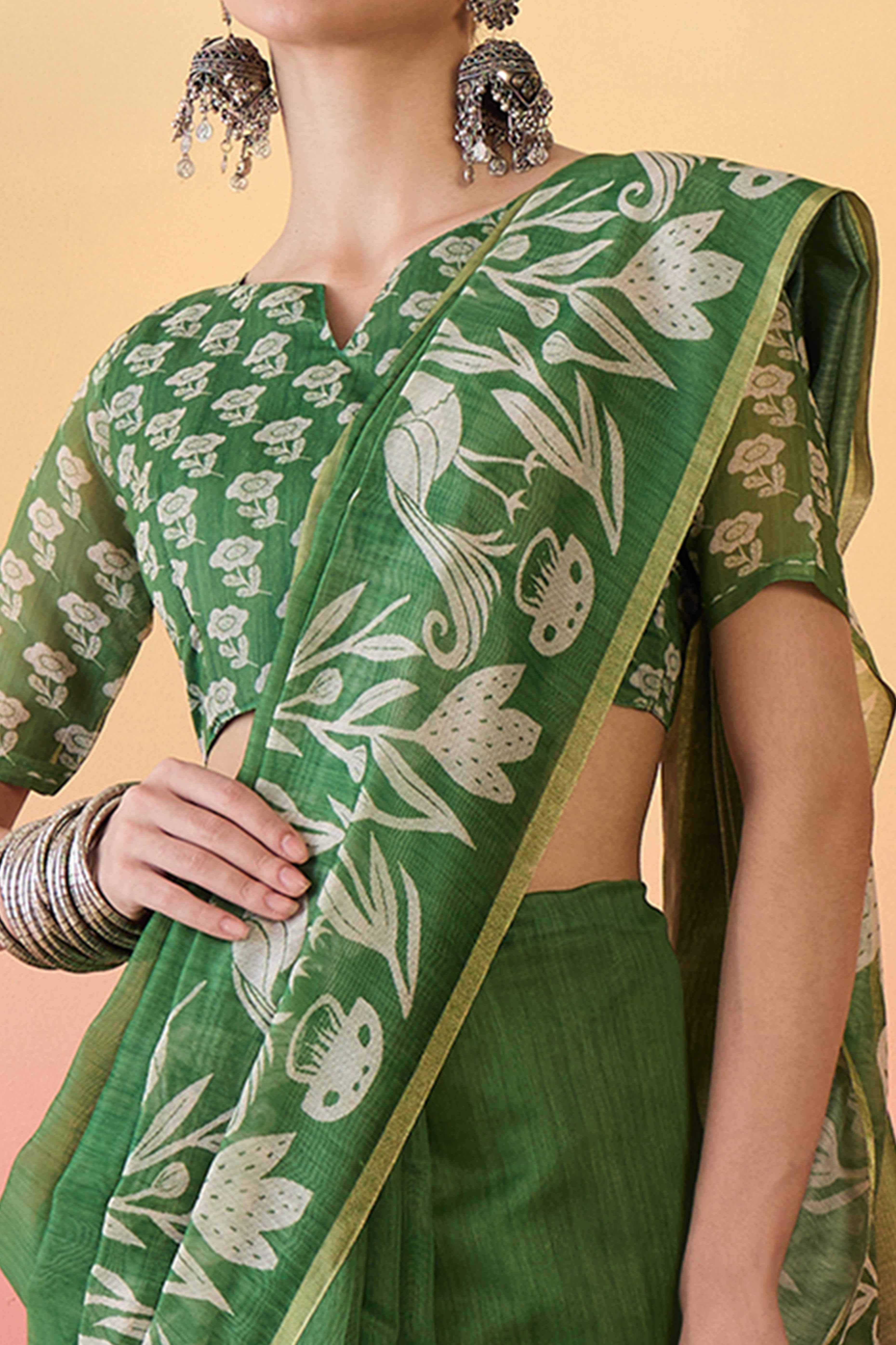 Green Linen Cotton Saree Featuring Elegant Floral & Bird Prints With Tassel Pallu