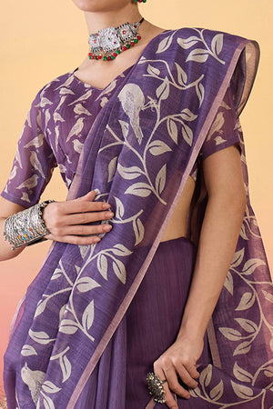 Purple Linen Cotton Saree Featuring Elegant Leaf & Bird Prints With Tassel Pallu