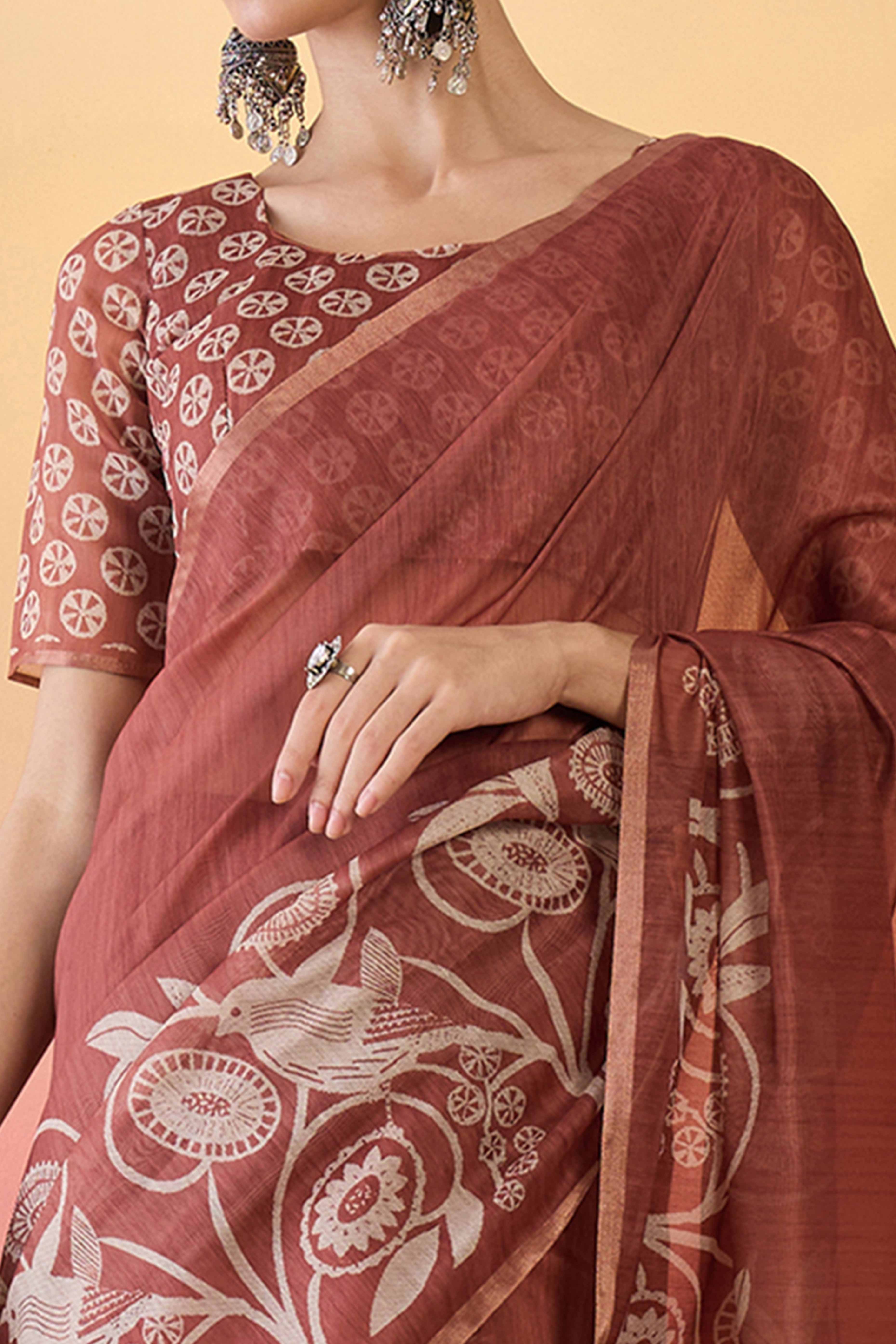 Rust Brown Linen Cotton Saree Featuring Elegant Floral & Bird Prints With Tassel Pallu