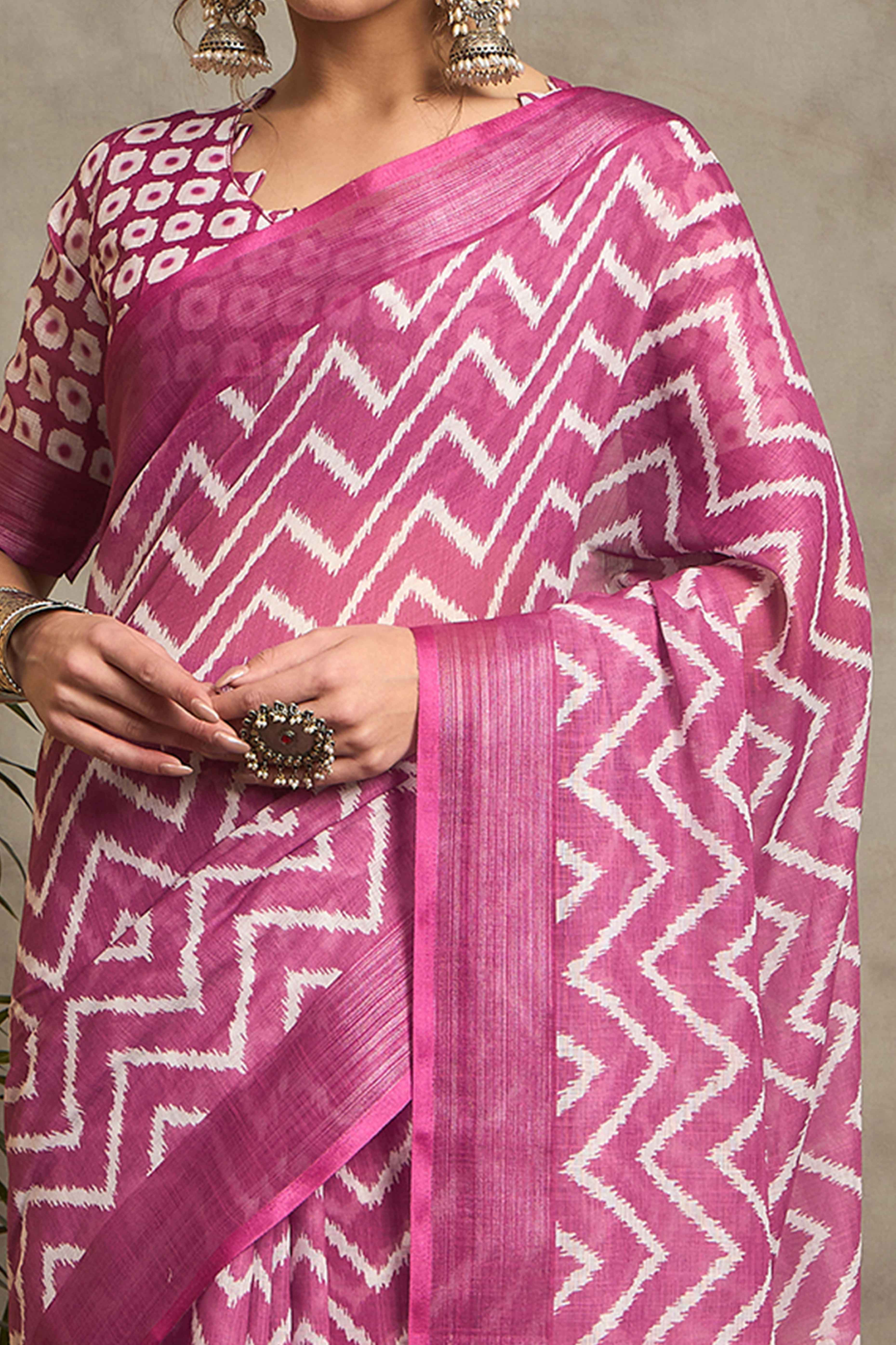 Pink Pure Linen Saree with Intricate Zari Work