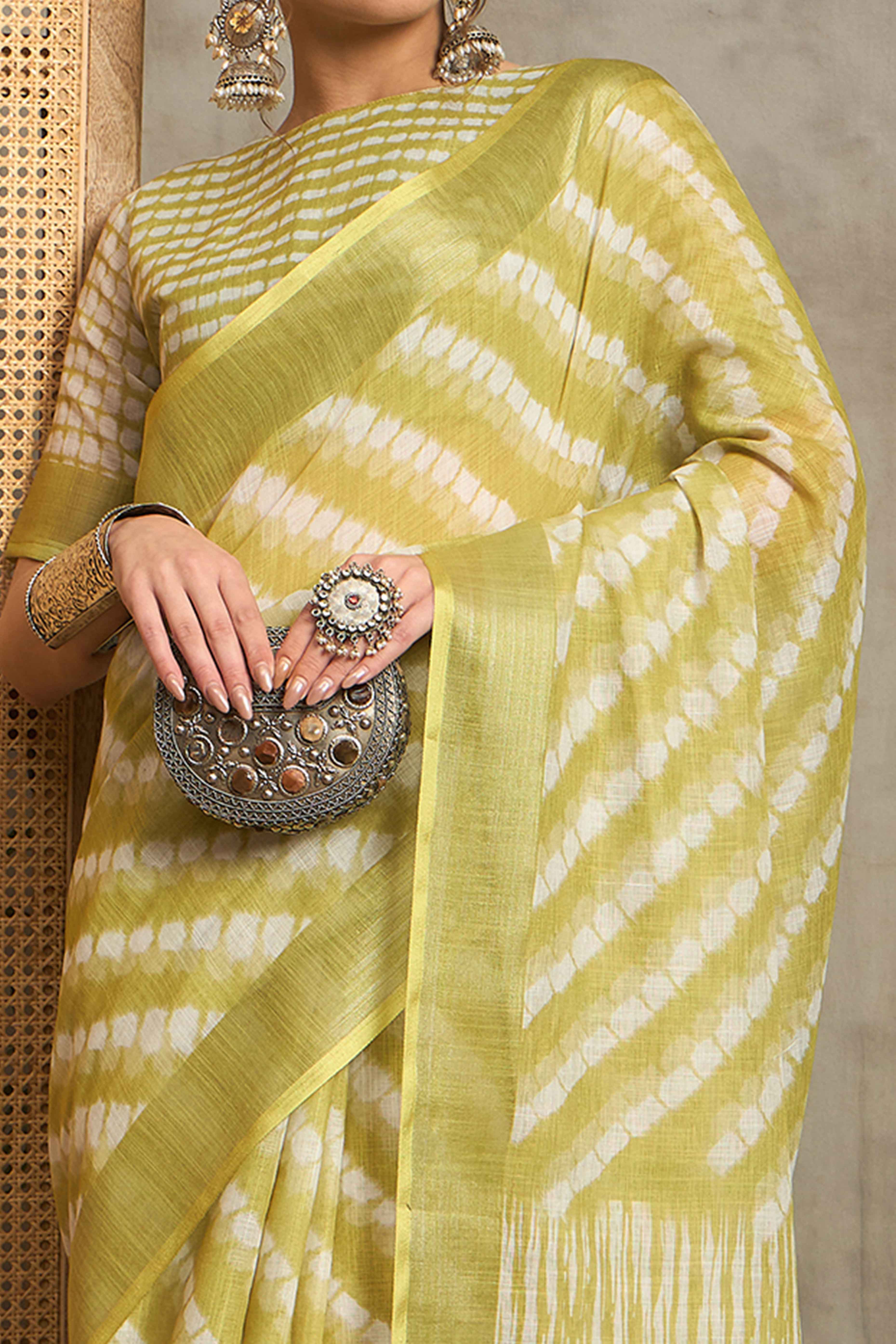 Green Pure Linen Saree with Intricate Zari Work