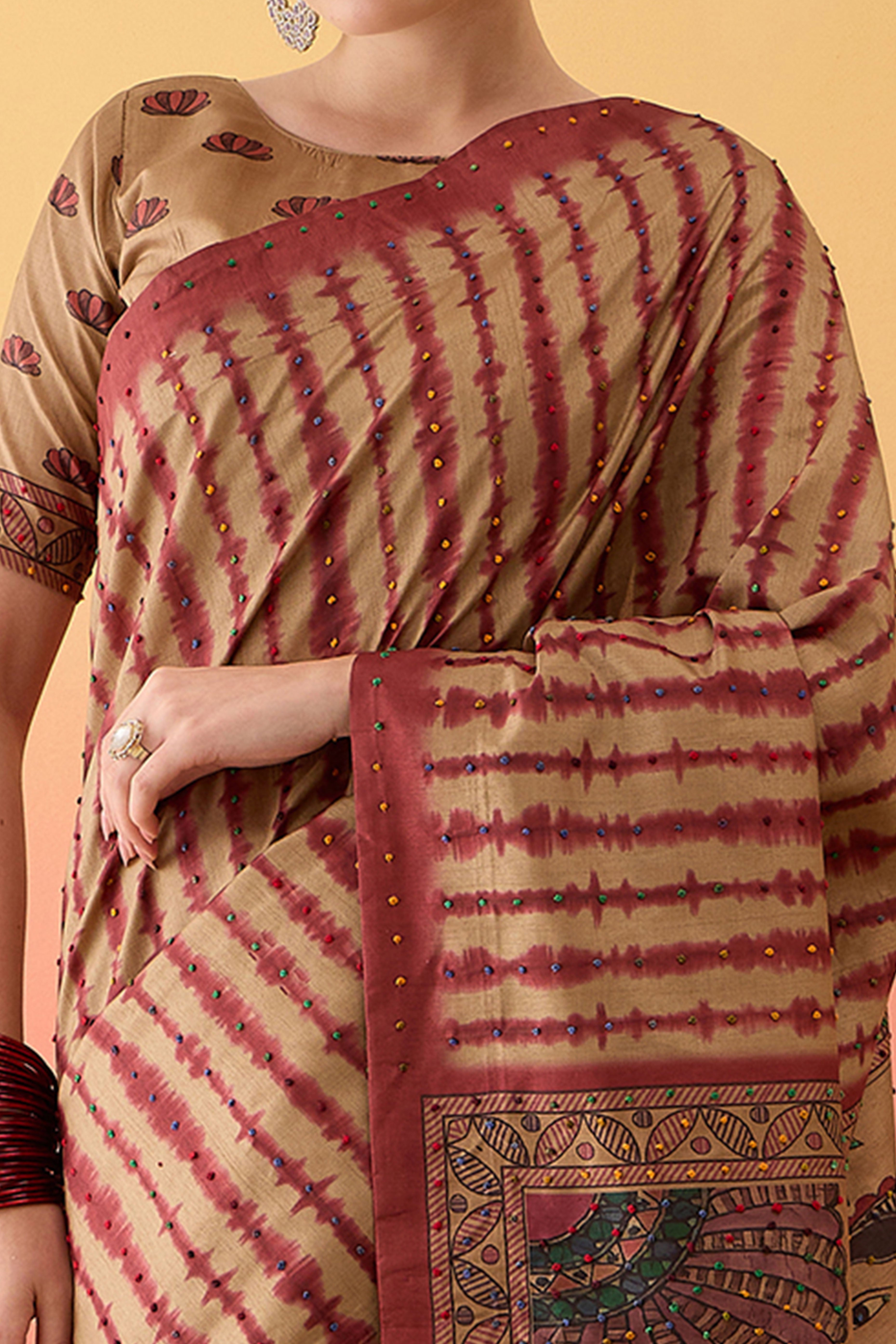 Beige Kalamkari Style Cotton Silk Saree Flowy Drape Knot Tassels Festive Wear