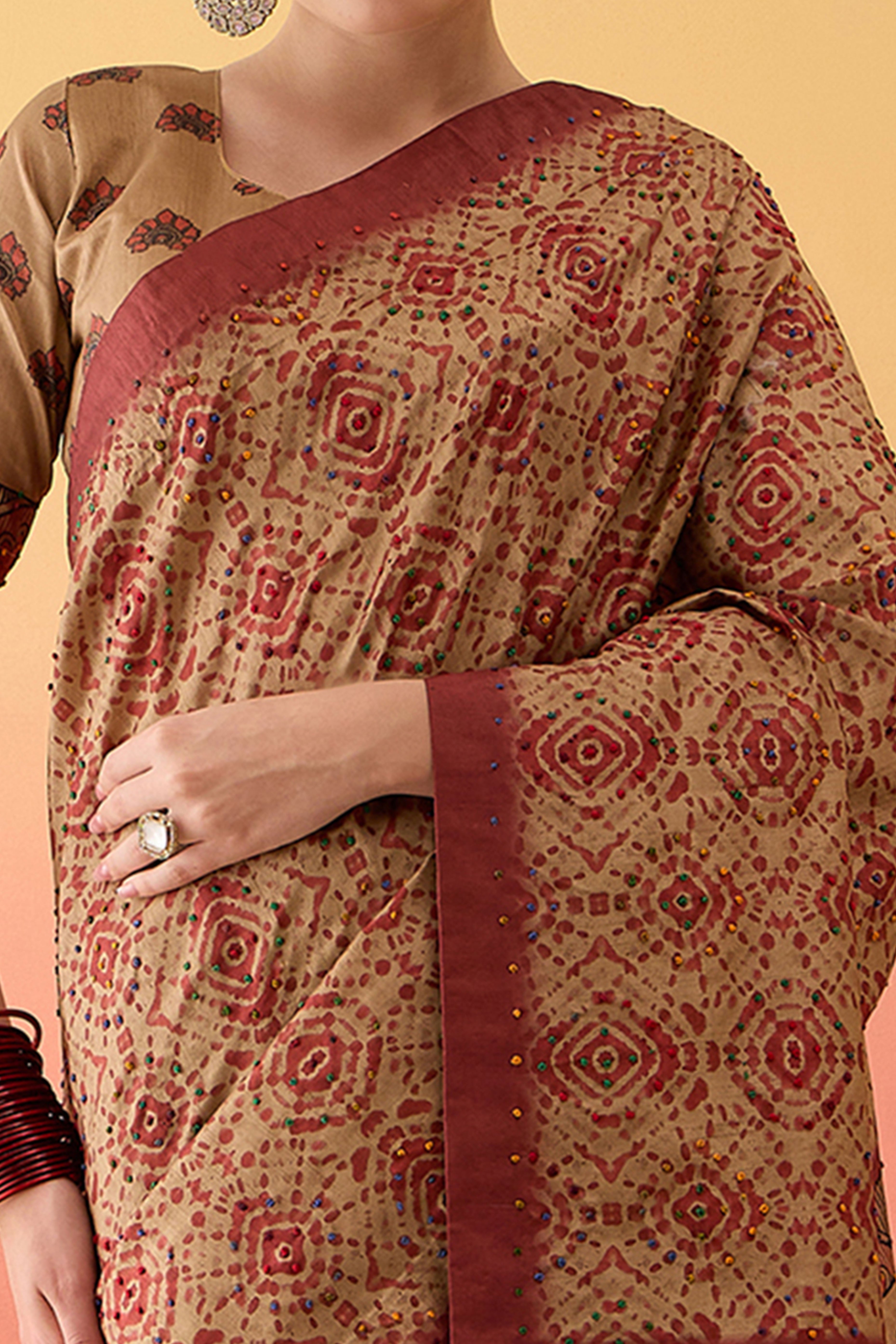 Beige Kalamkari Style Cotton Silk Saree Handcrafted Knot Work Border Ethnic Sophistication